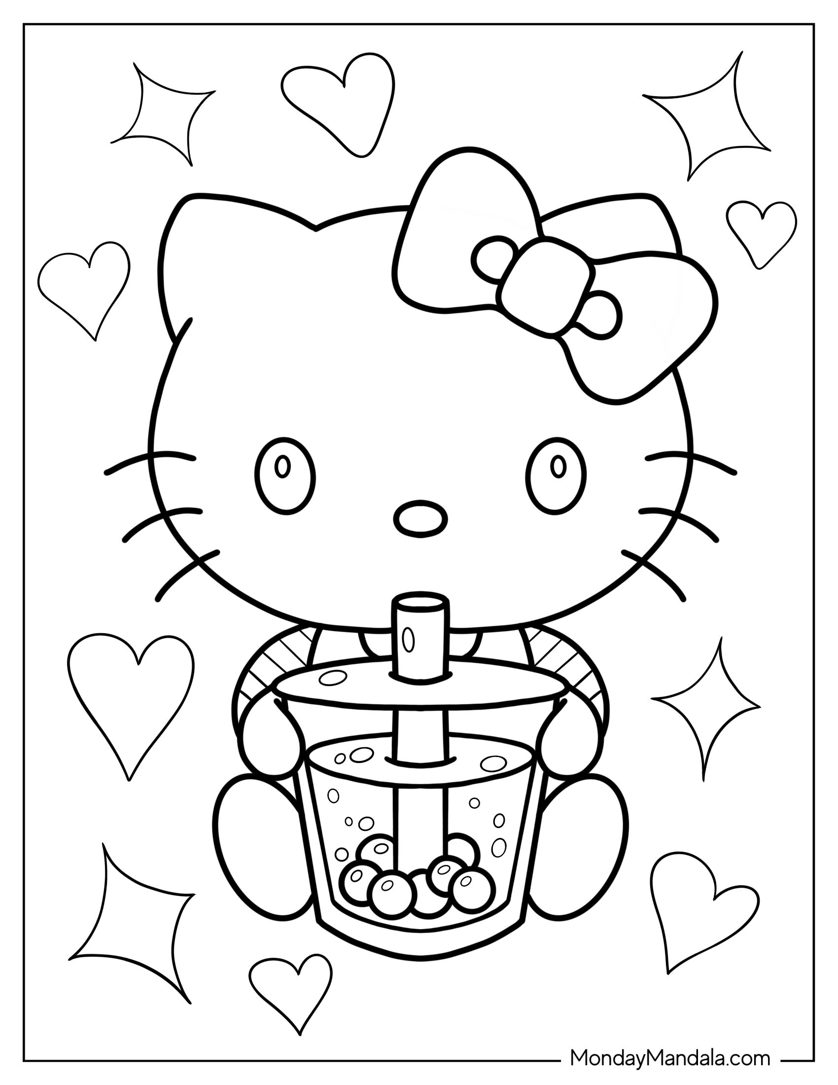 Boba Hello Kitty Coloring Page