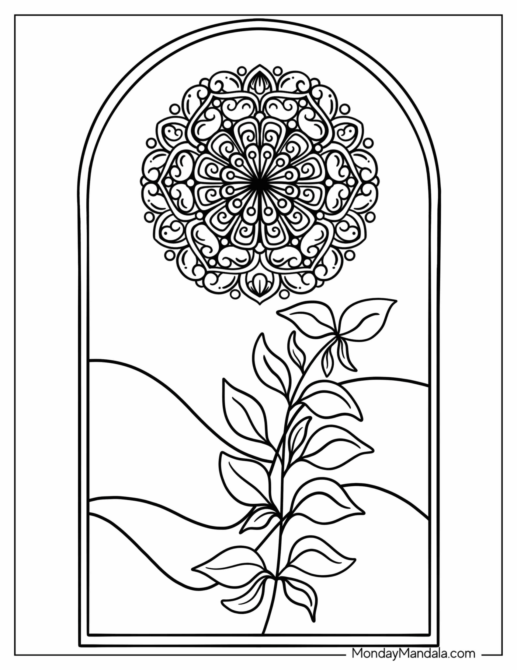 Boho Coloring Page Of Arch With Mandala And Plant