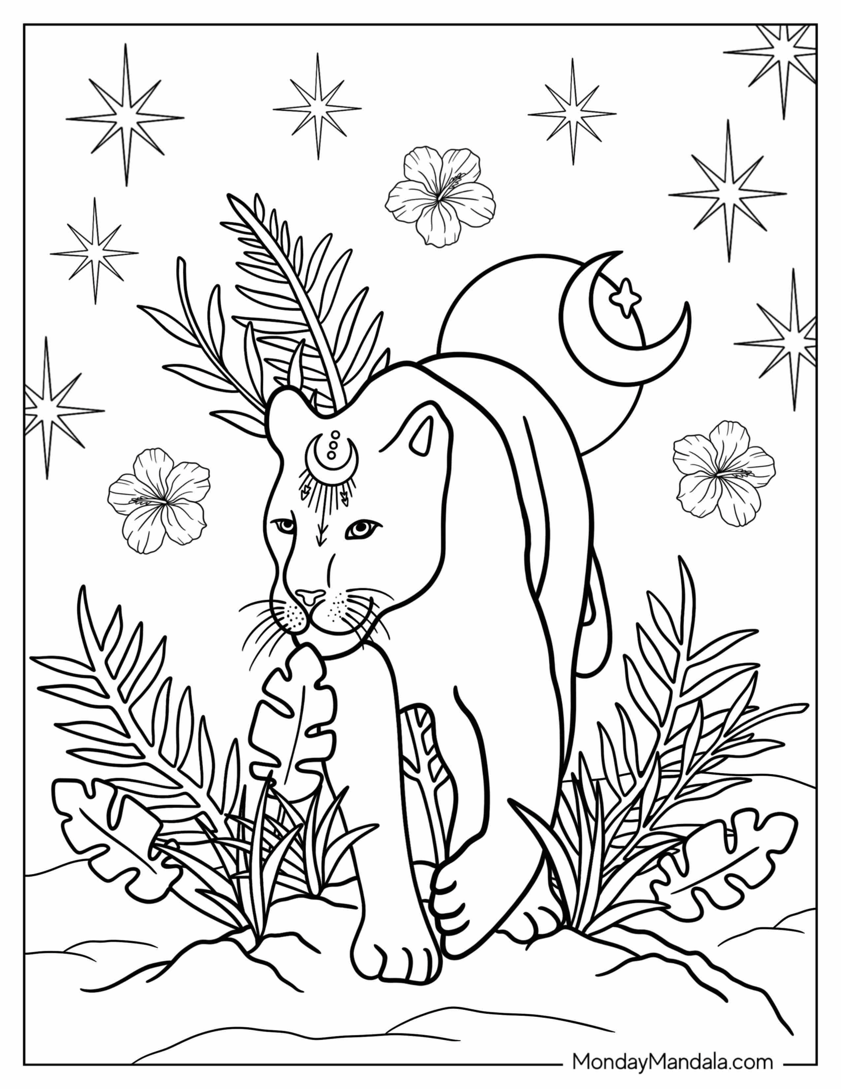 Boho Coloring Page Of Black Jaguar With Crescent Moon On Forehead And Plants