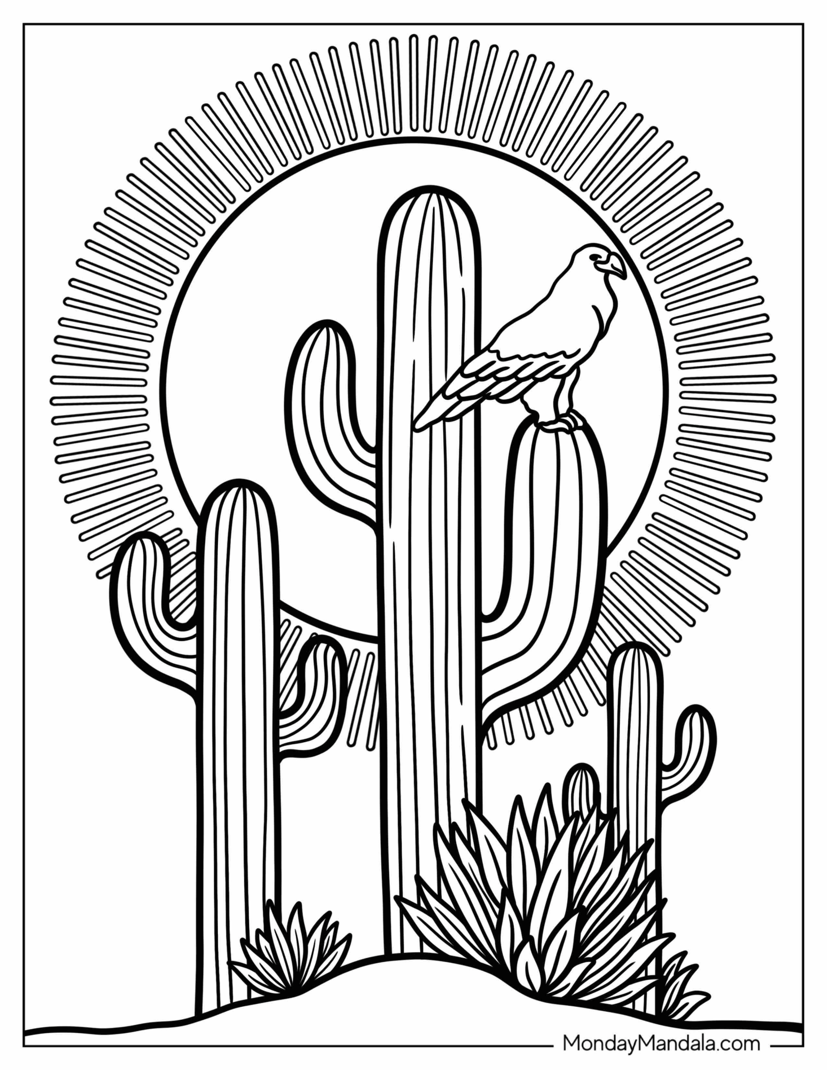 Boho Coloring Page Of Cactus Sun And Bird