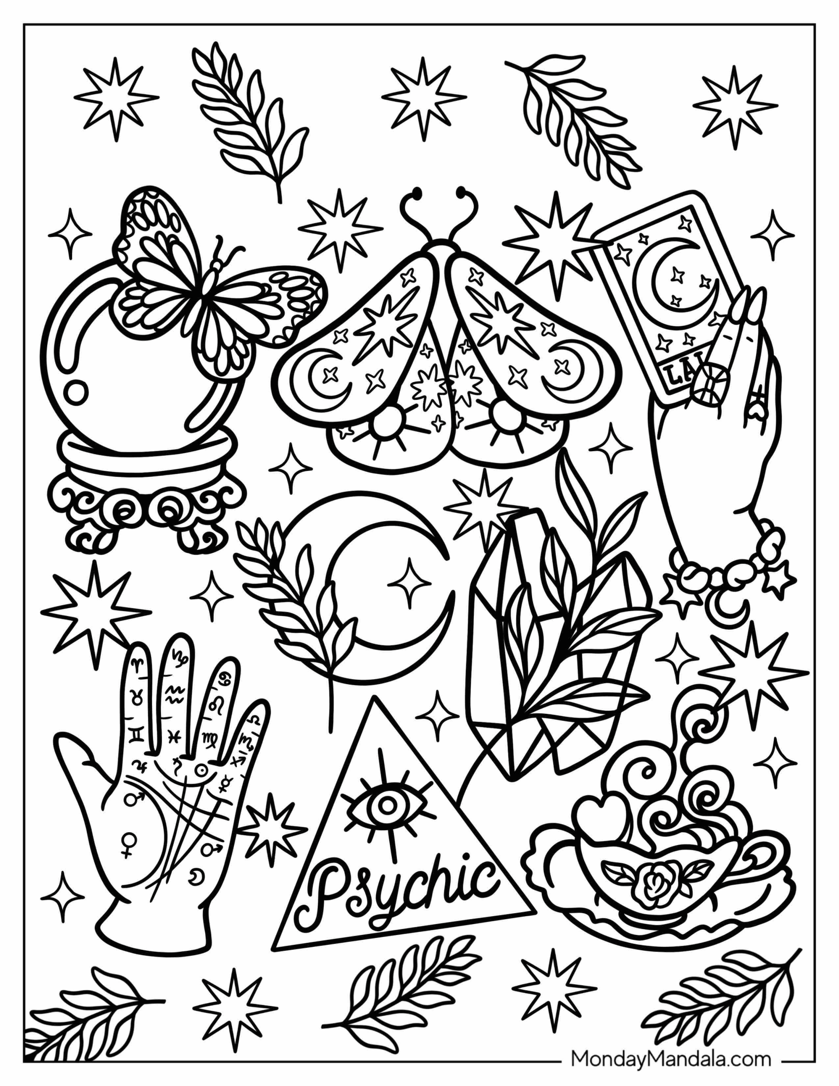 Boho Coloring Page Of Elements With Tarot Cards, Moons, And Palm Reading