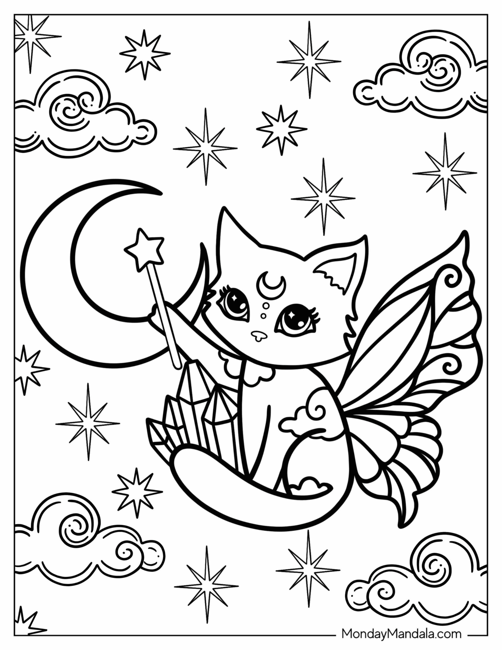 Boho Coloring Page Of Kawaii Magical Cat With Wings And Wand For Kids