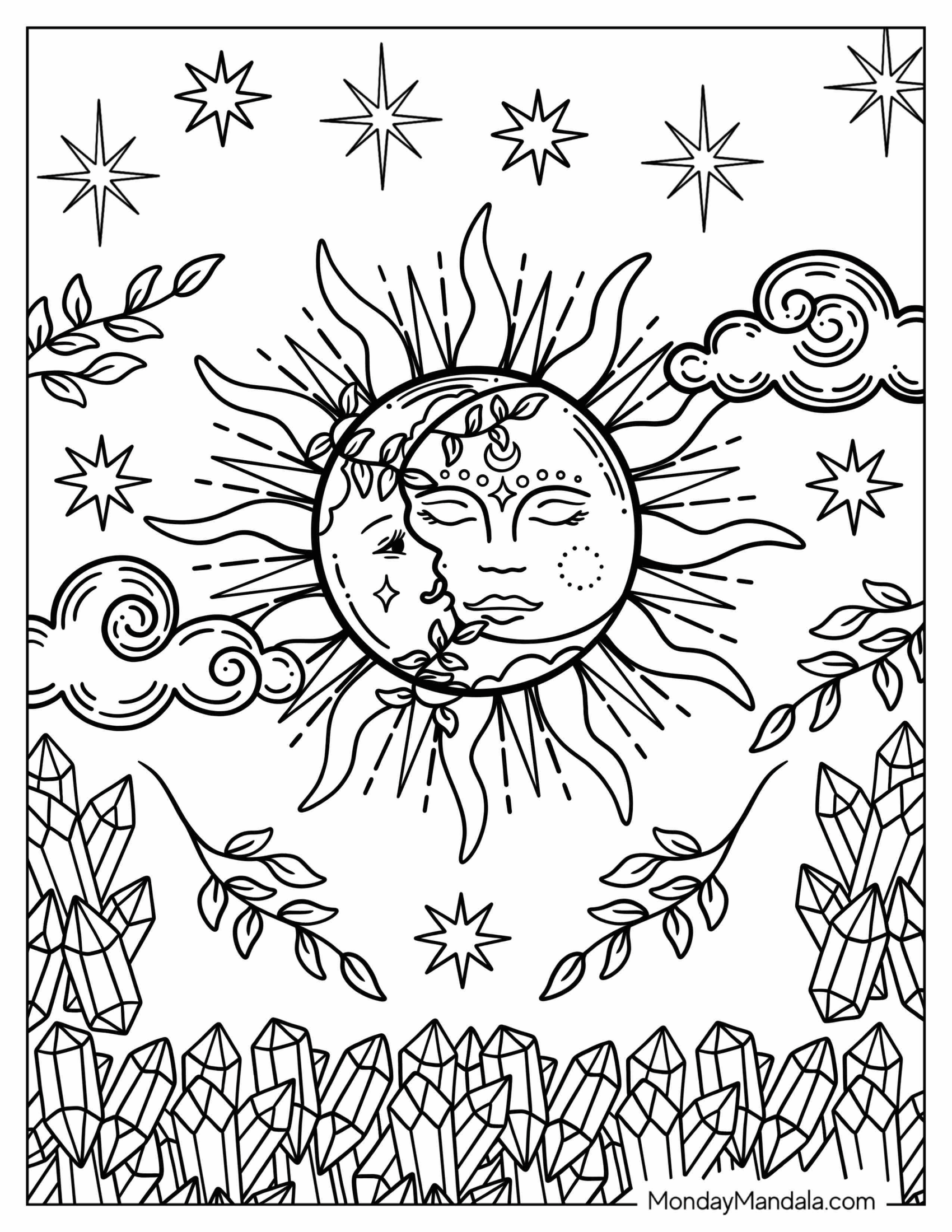 Boho Coloring Page Of Moon And Sun With Crystals