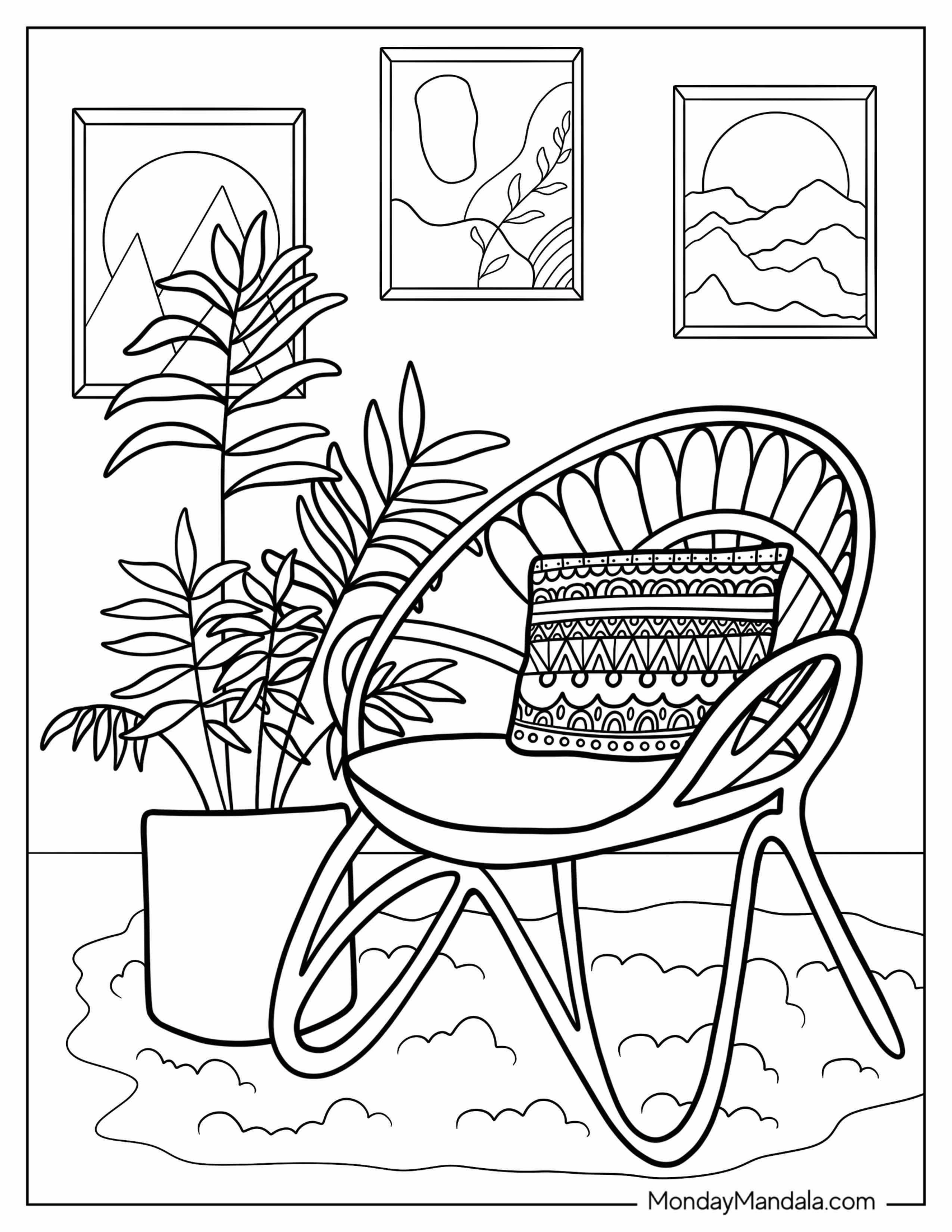 Boho Coloring Page Of Nook With House Plant, Chair, And Artworks