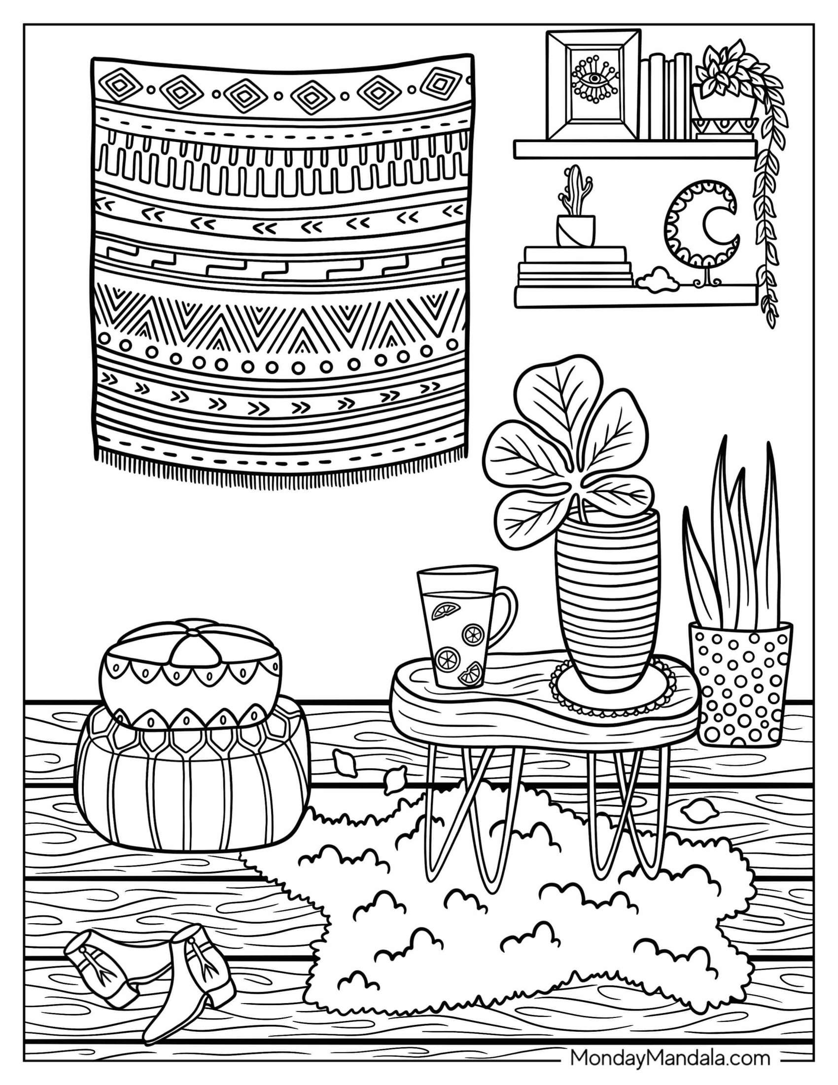 Boho Coloring Page Of Nook With Tapestry And Plants