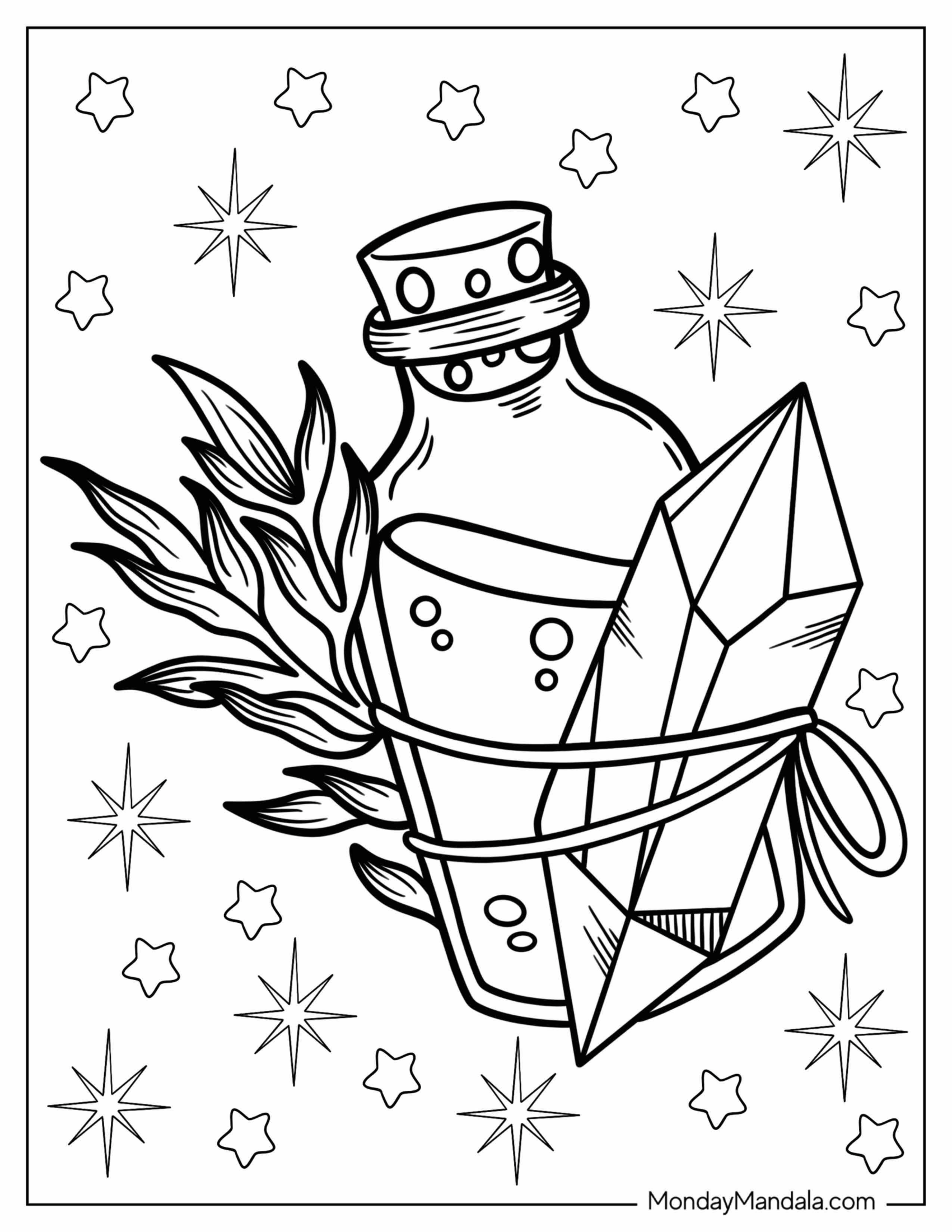 Bottled Potion With Crystal Coloring Page And Herb