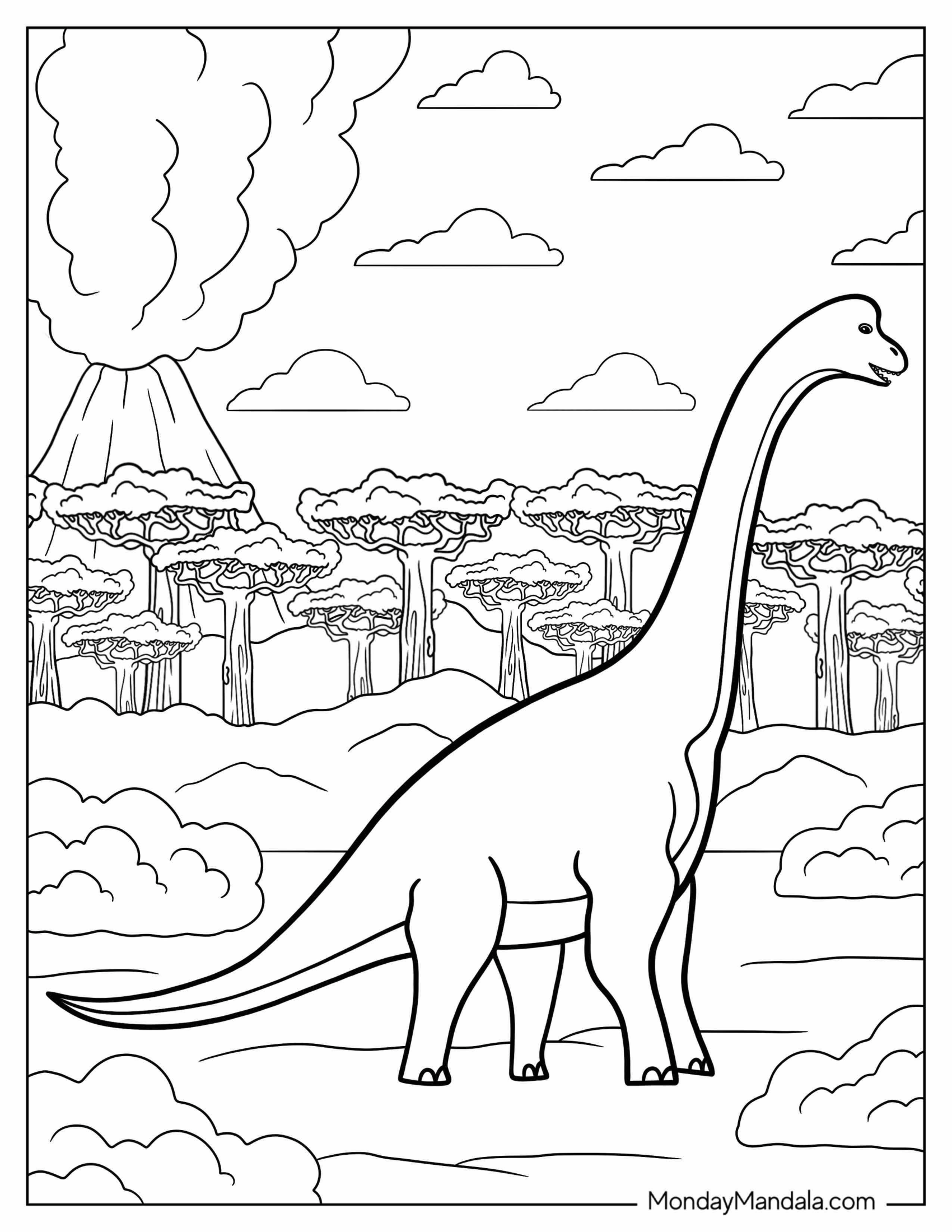 Brachiosaurus Walking Away From Volcanic Eruption