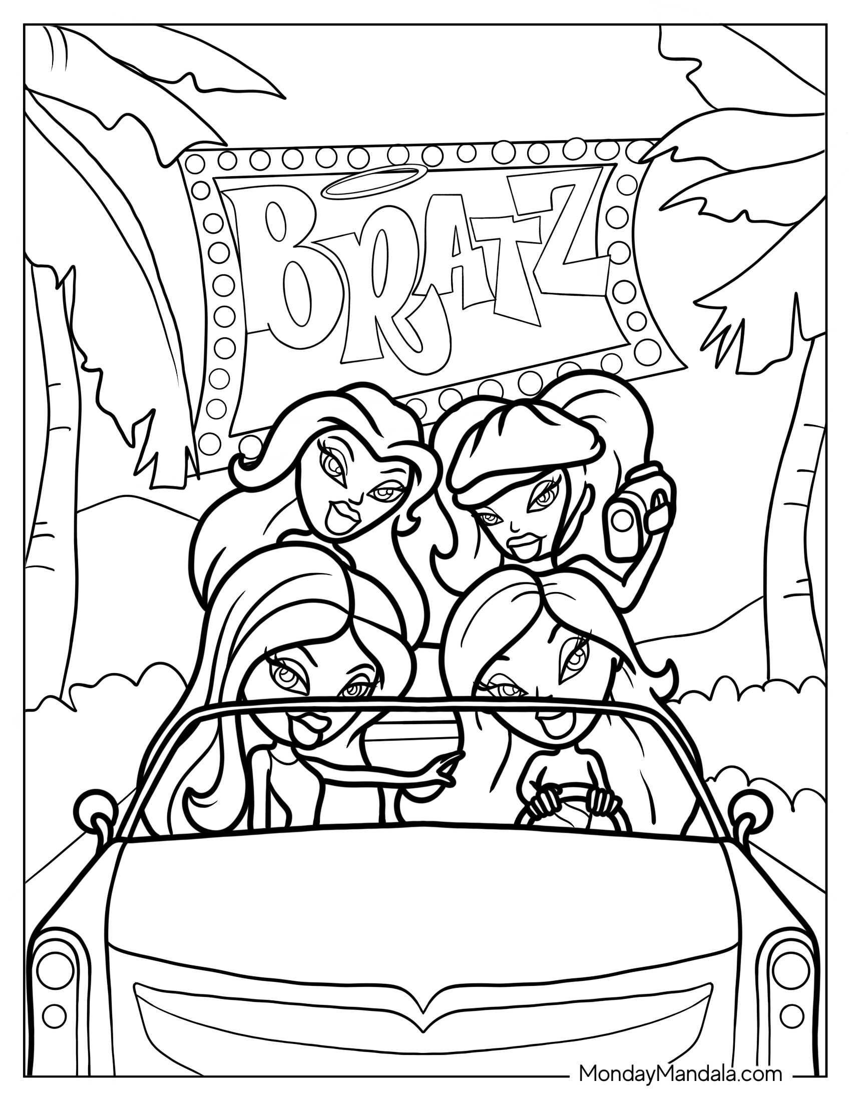 Bratz Dolls Riding Car Coloring Sheet