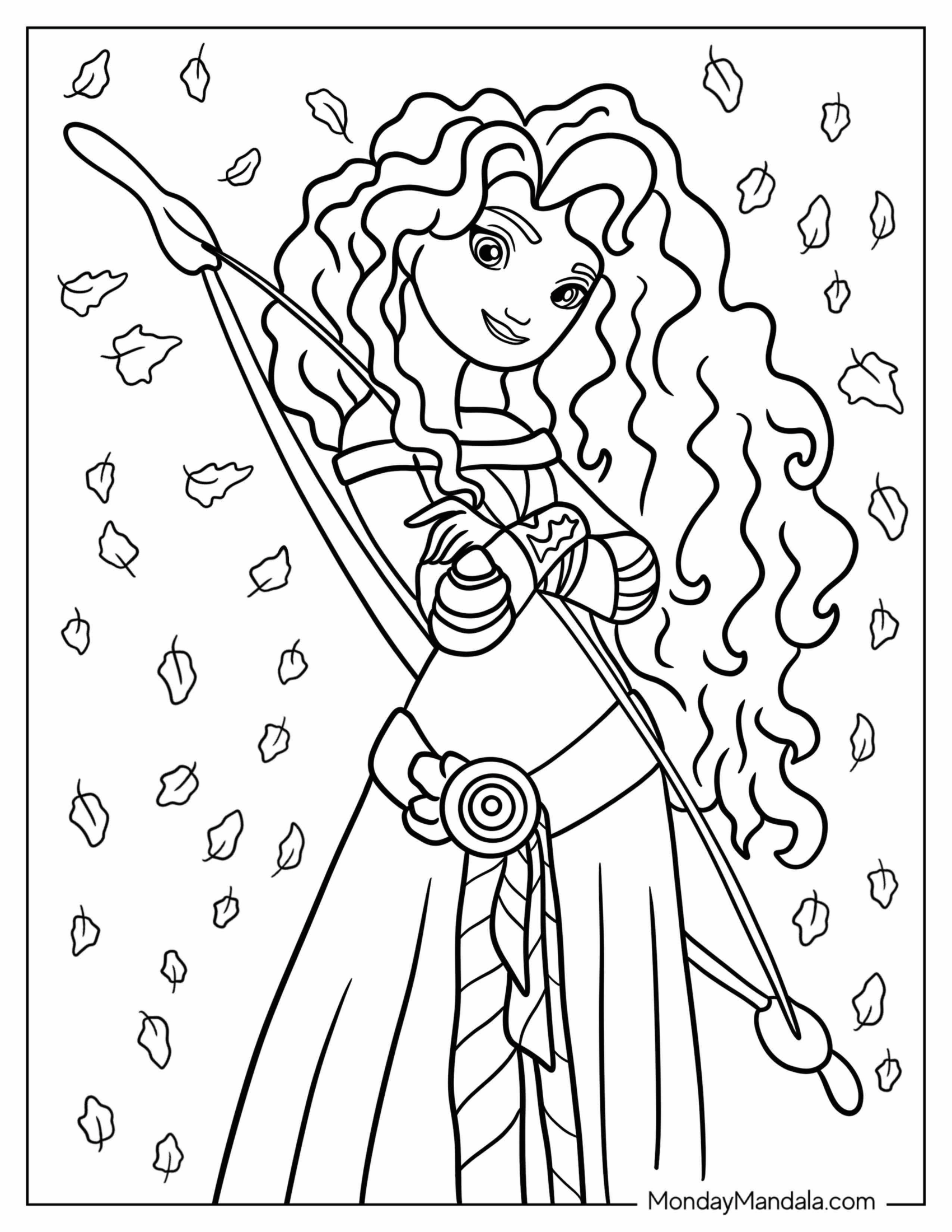 Brave Merida Coloring Page With Fall Leaves In Background