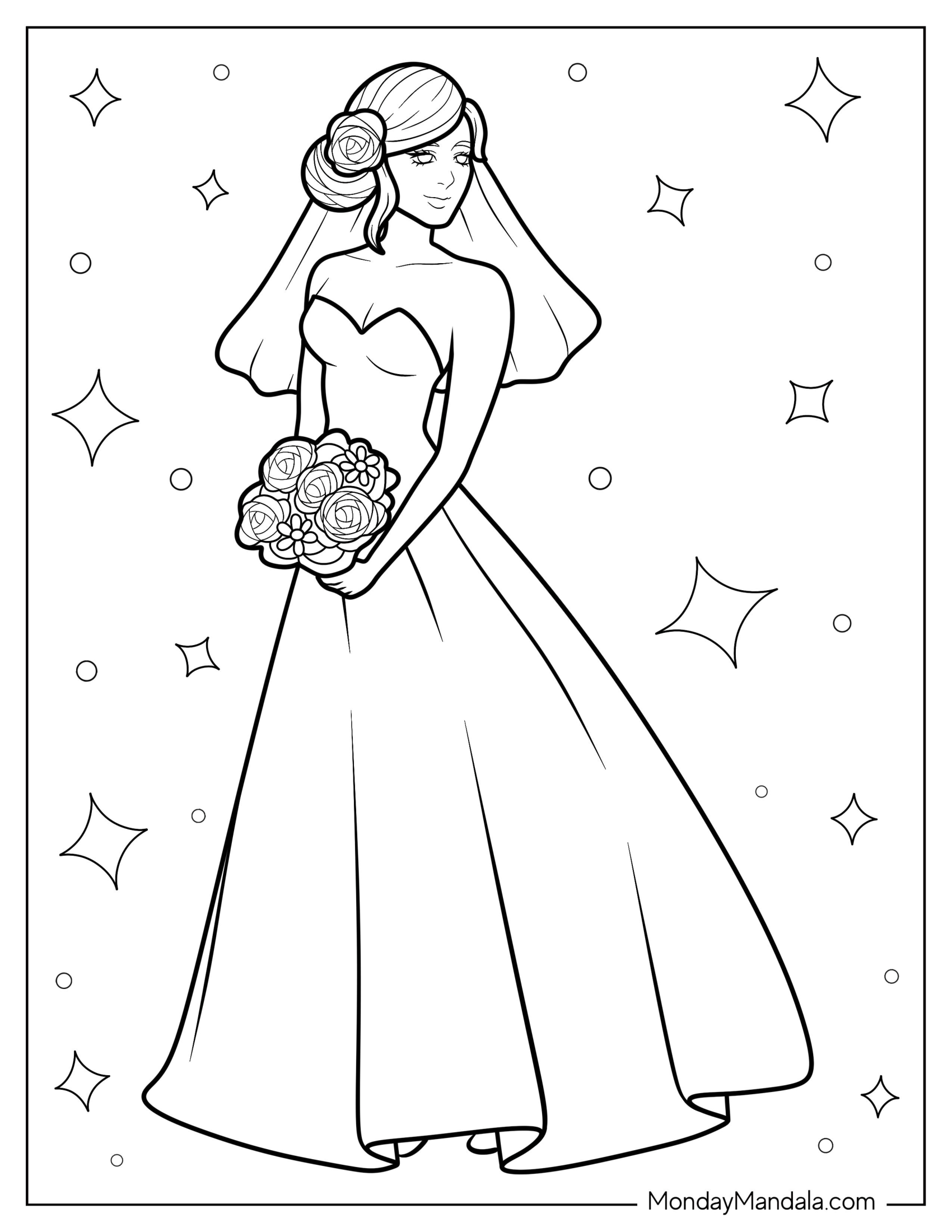 Bride Wearing Simple Dress Coloring Page With Short Veil