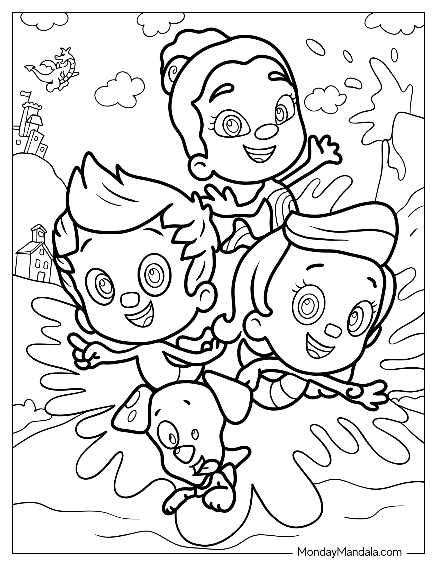 Bubble Guppies Coloring Page Of Gil, Zooli, Molly, And Bubble Puppy Making Splash