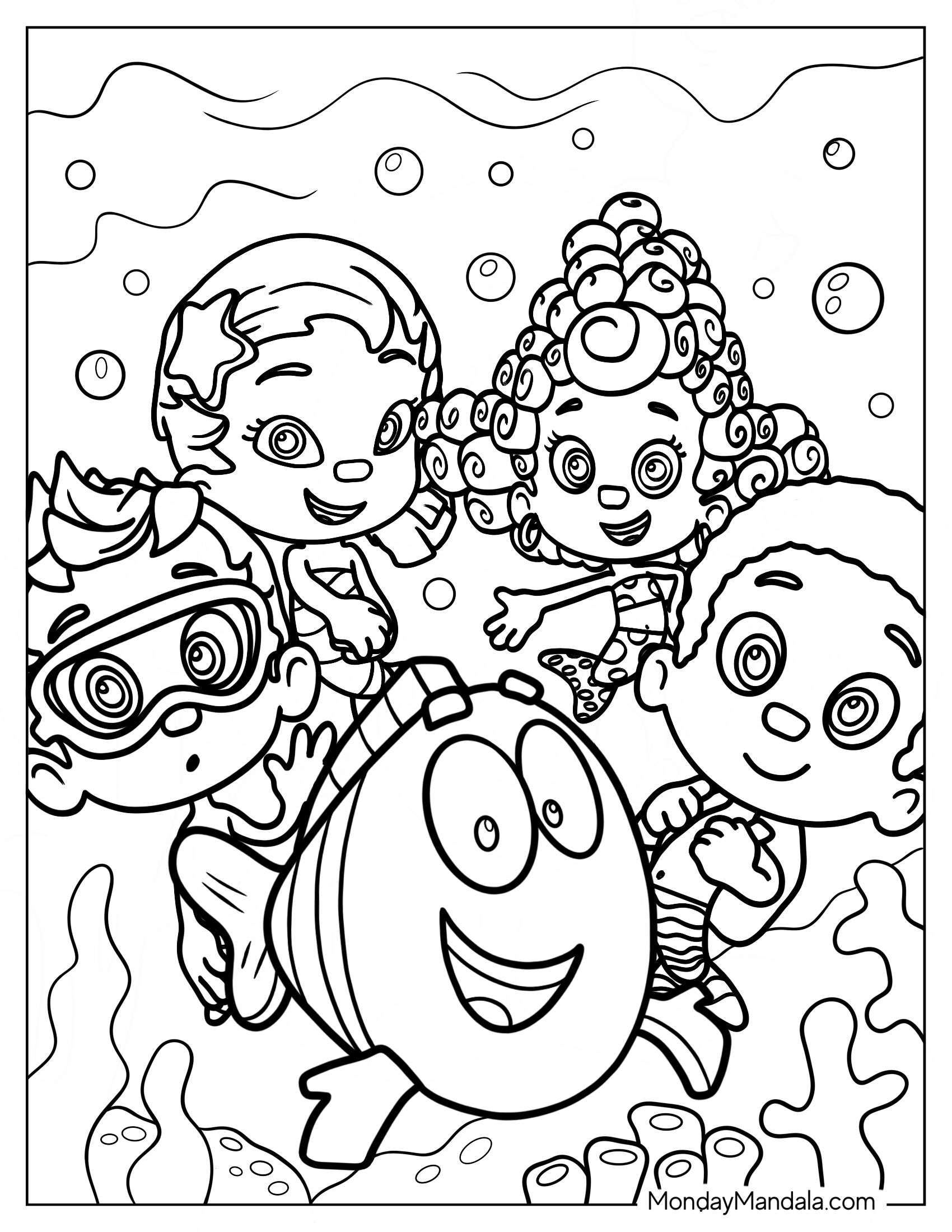 Bubble Guppies Coloring Page Of Oona, Deema, Nonny, Goby, And Mr. Grouper