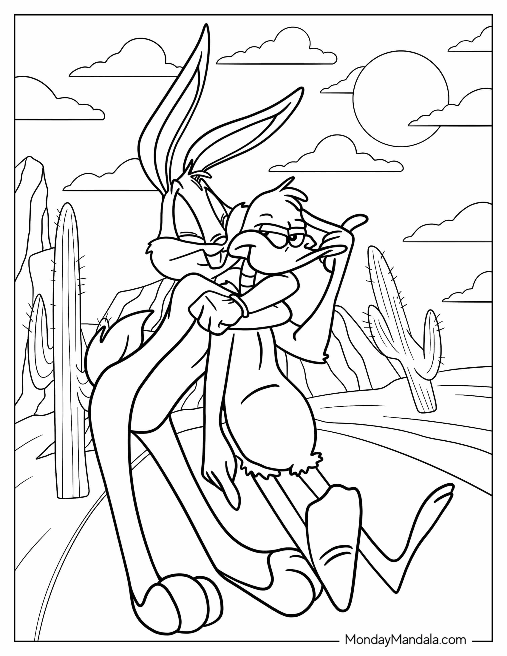 Bugs Bunny Coloring Page Hugging Daffy Duck In Desert