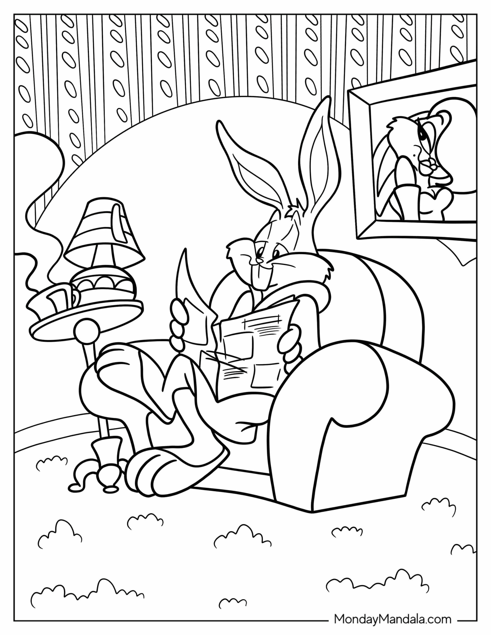 Bugs Bunny Coloring Page In Robe Reading Newspaper In Living Room