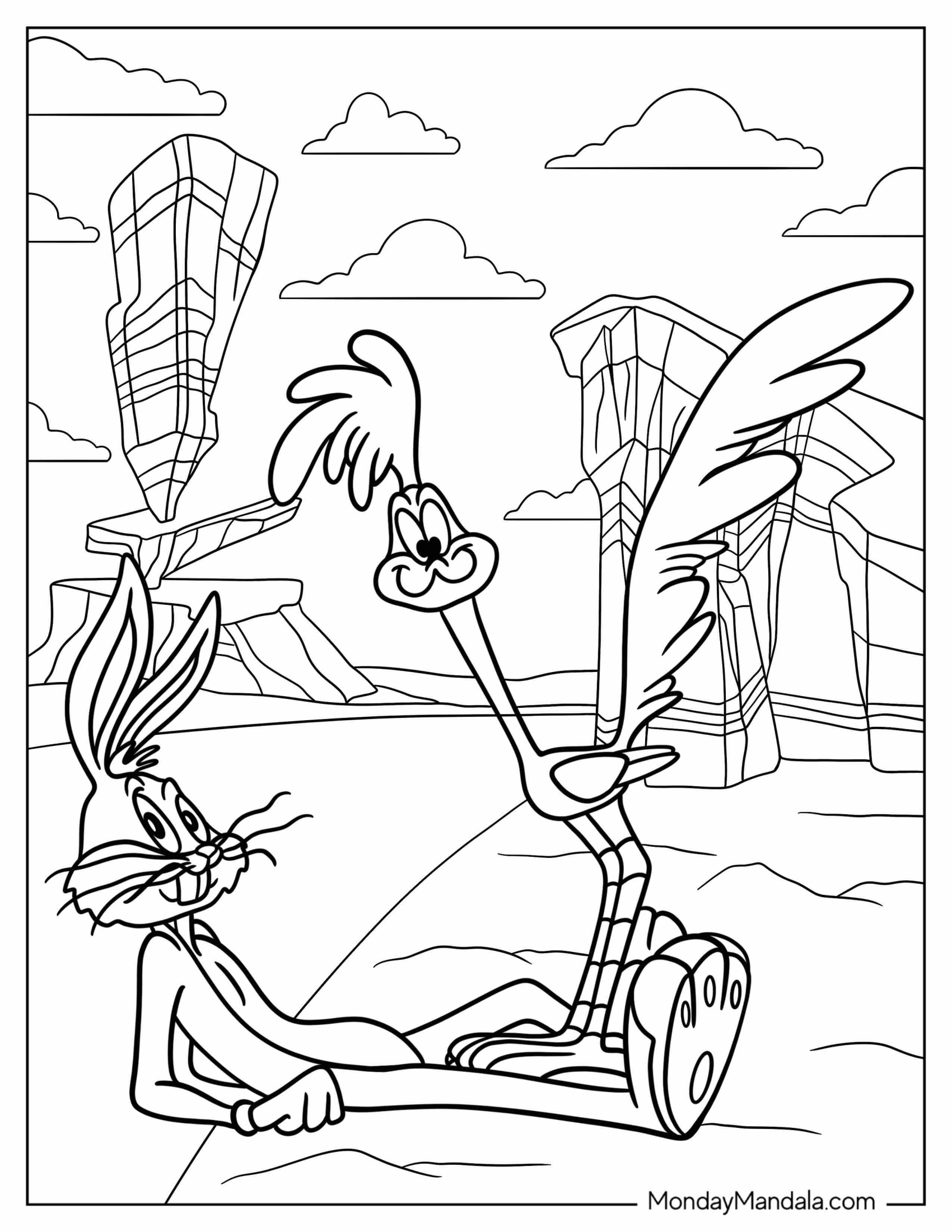 Bugs Bunny Coloring Page In The Desert With Road Runner