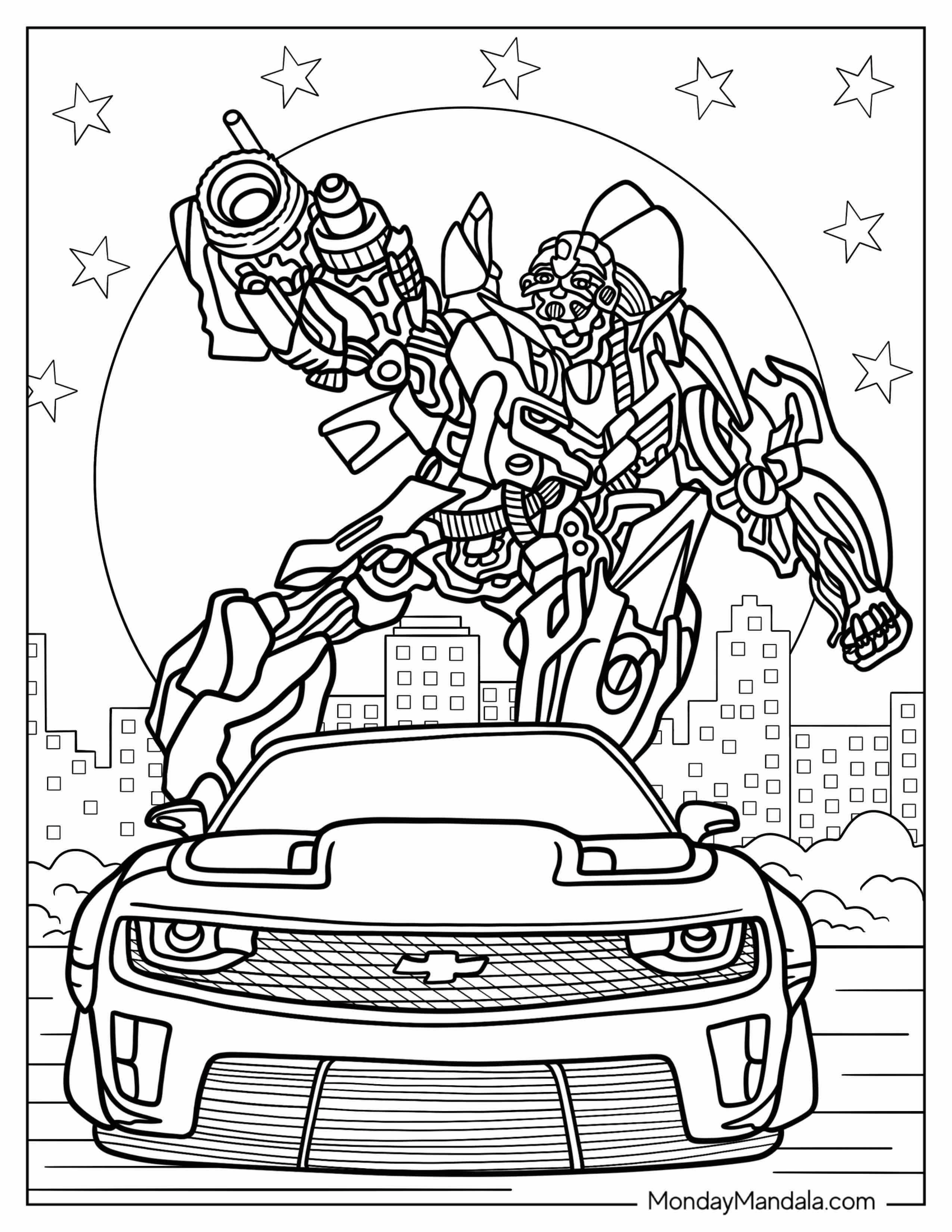 Bumblebee Coloring Page Shooting Laser Beam Behind Chevrolet Camaro