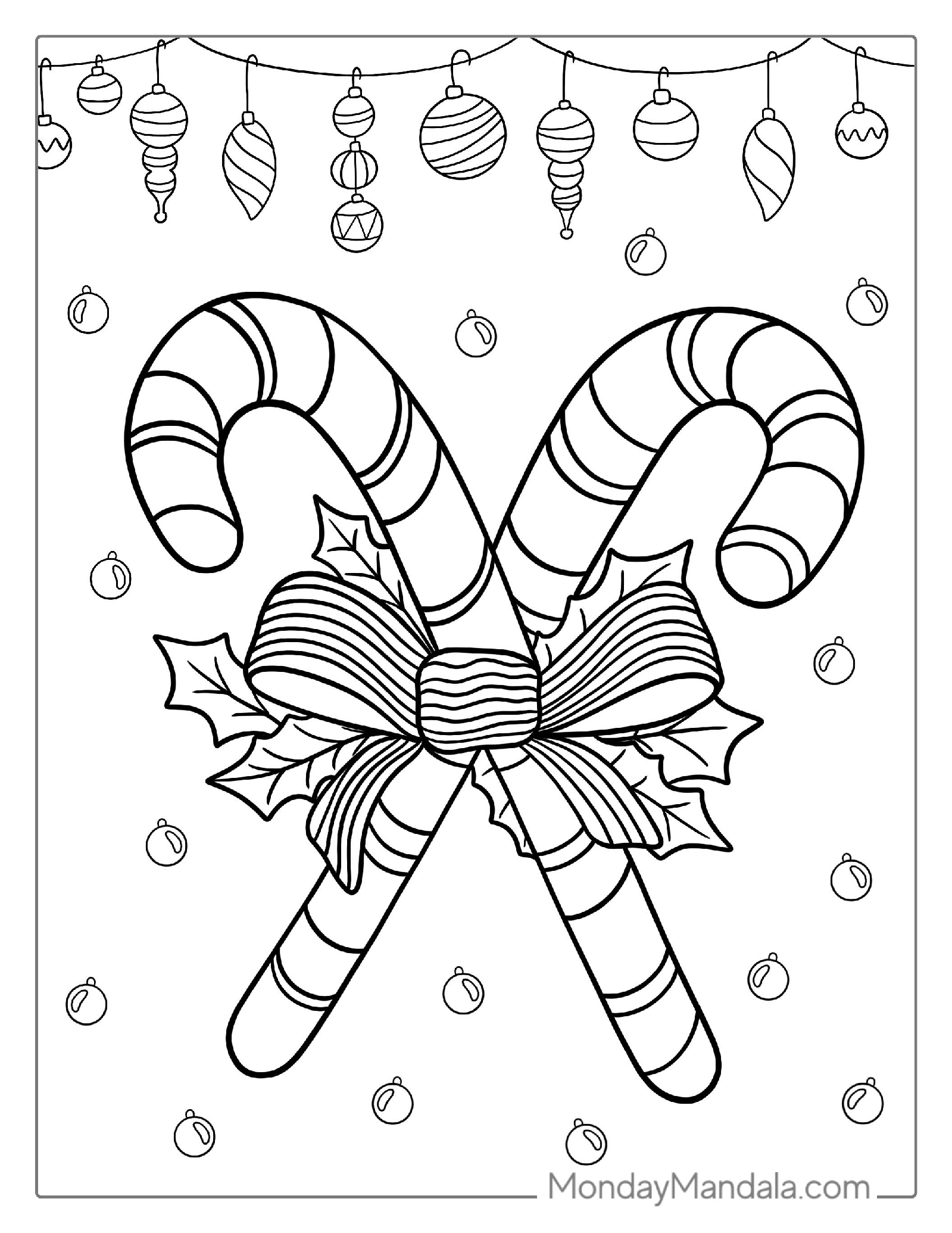 Candy Cane And Christmas Ornaments To Color