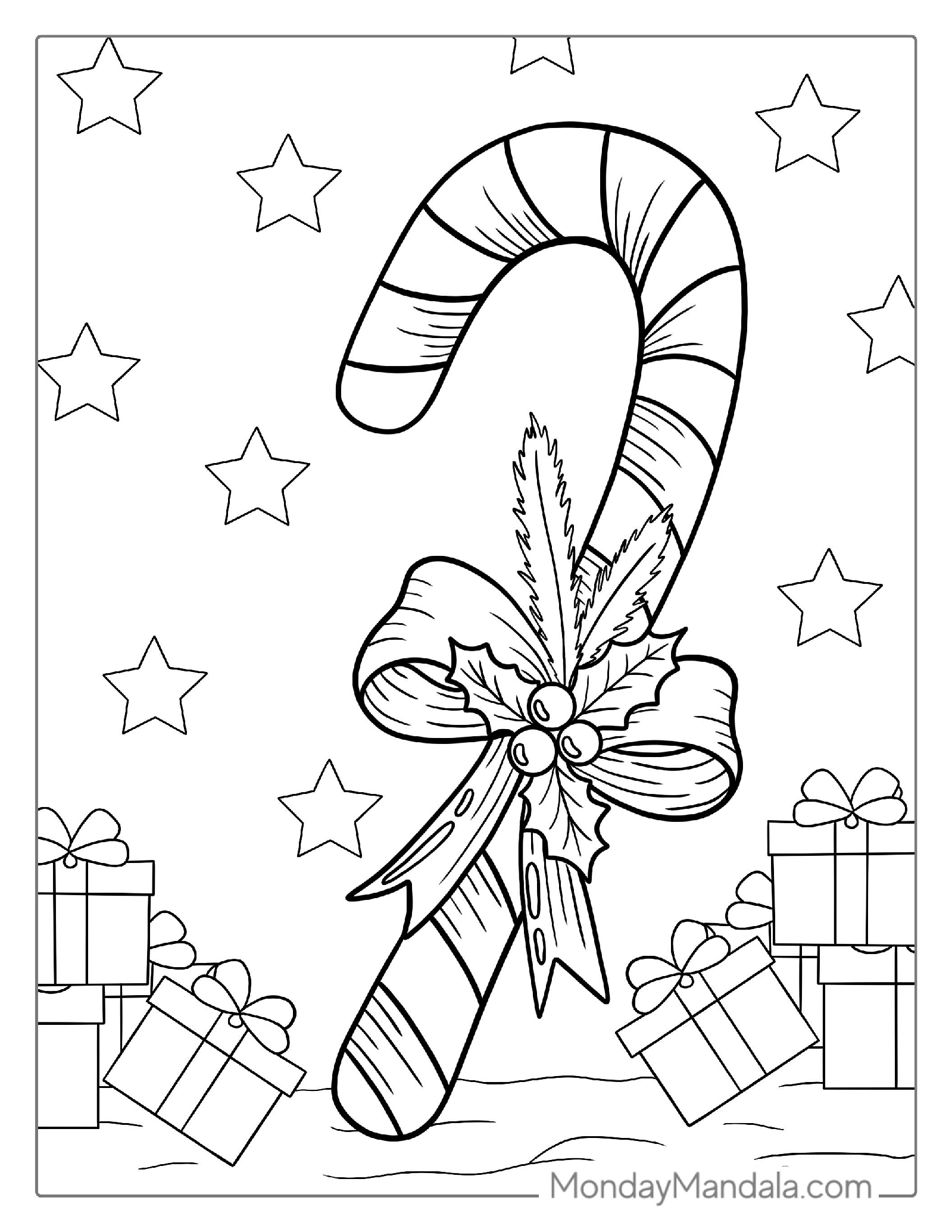 Candy Cane With Christmas Presents To Color