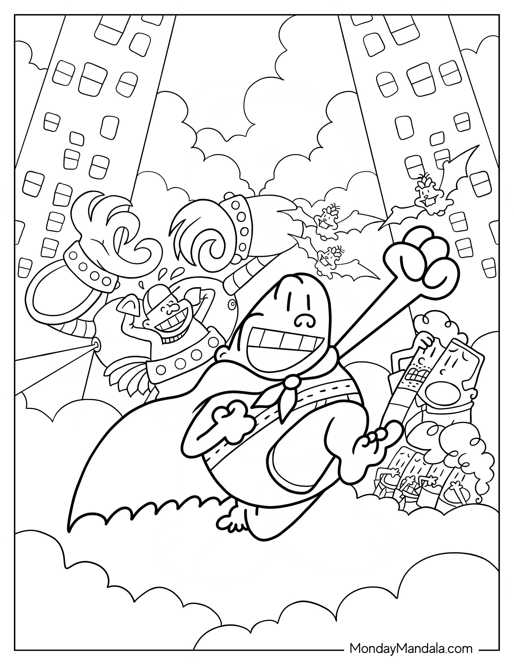 Captain Underpants Coloring Page Of Fighting Bad Guys In The City