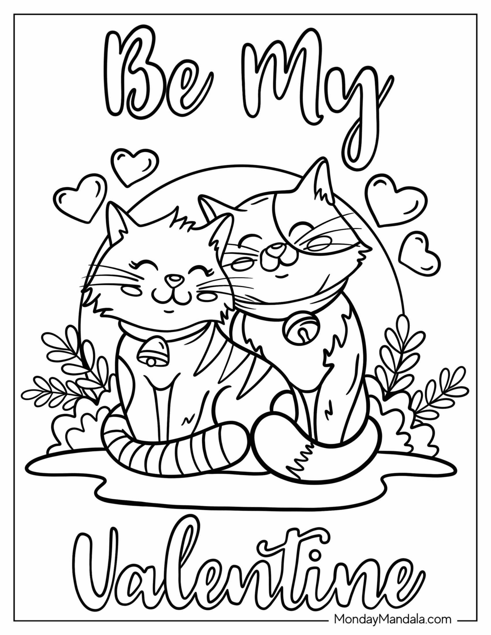 Cartoon Cats In Love Be My Valentine's Day Coloring Page