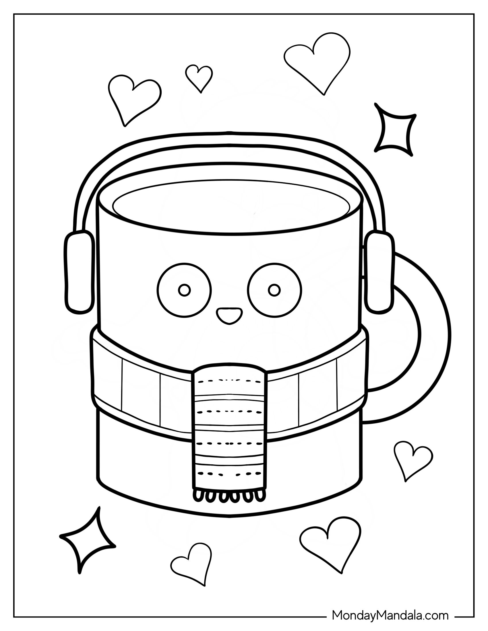 Cartoon Coffee Coloring Page Cup Wearing Scarf And Ear Muffs