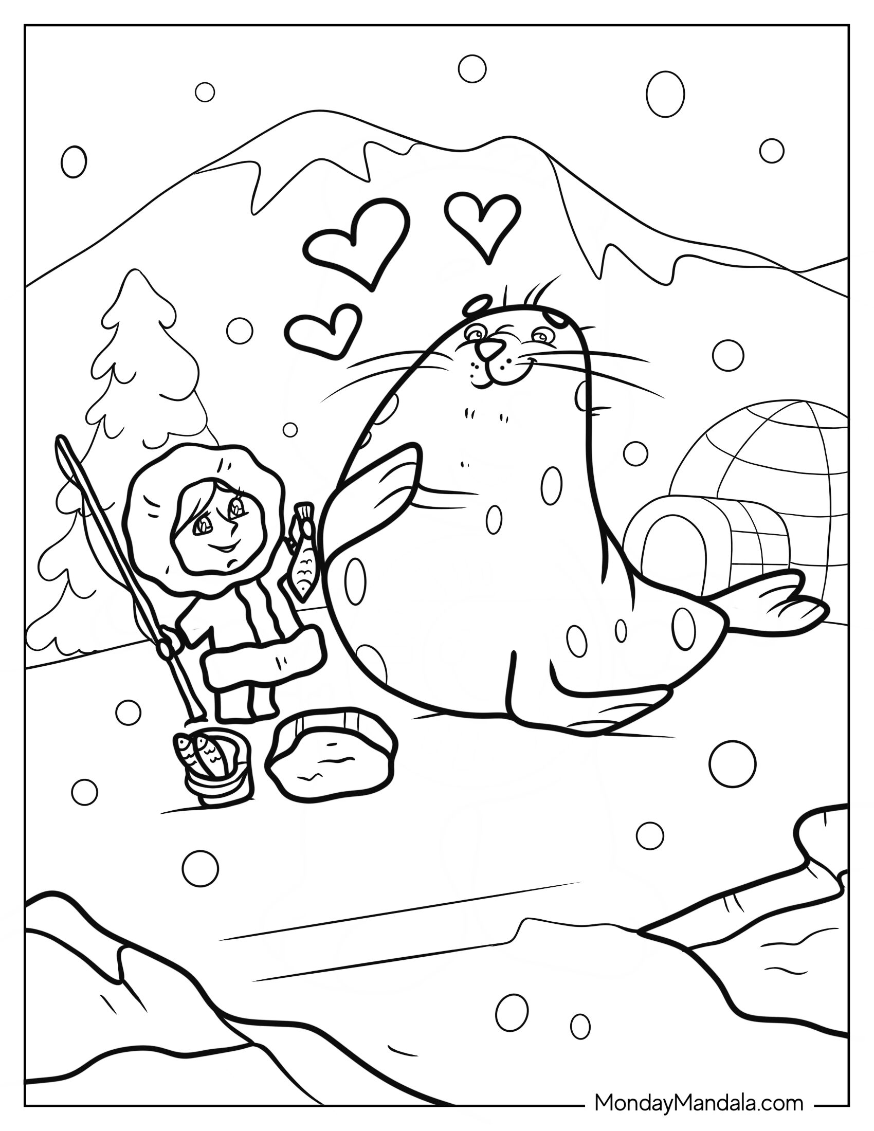 Cartoon Eskimo Feeding Fish To A Seal Coloring Page