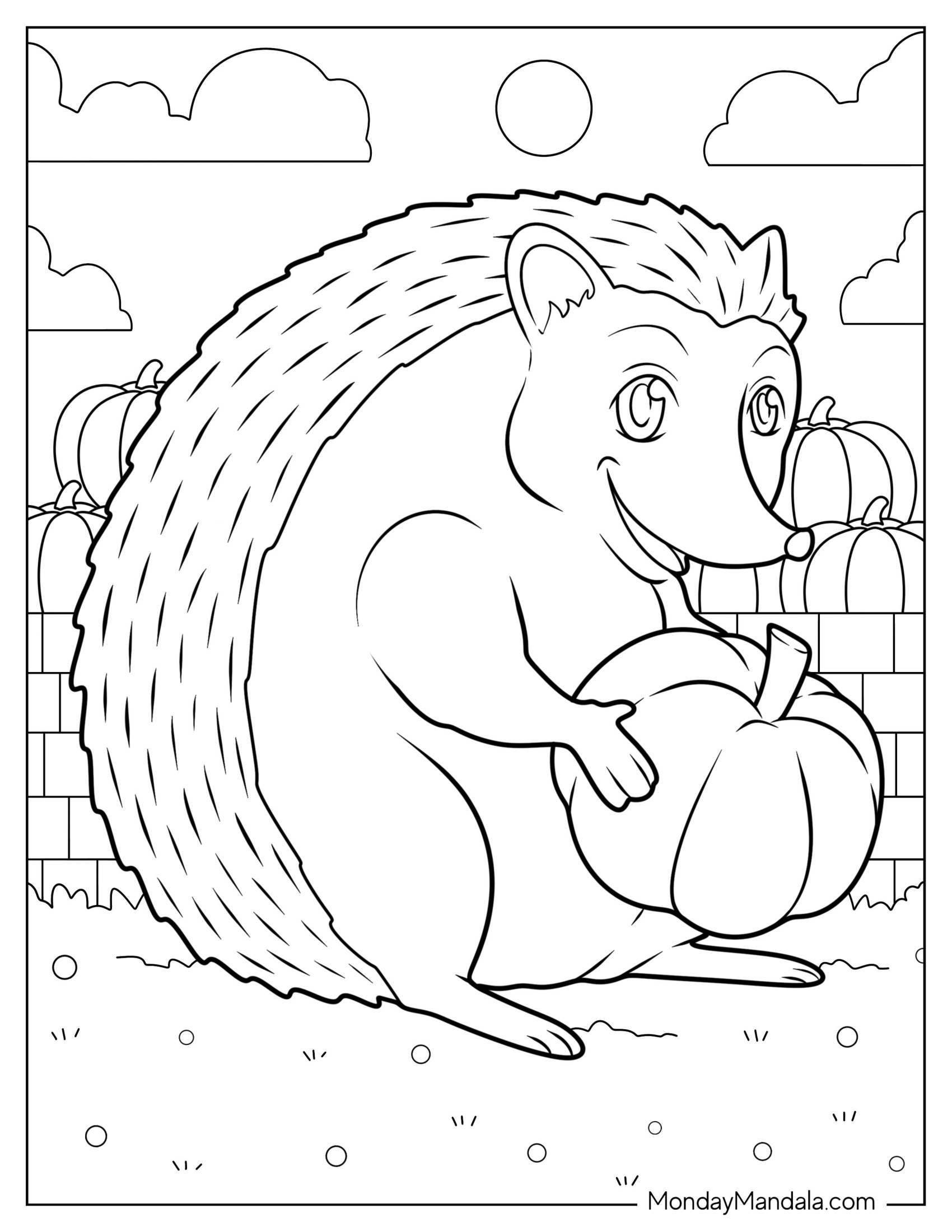 Cartoon Hedgehog Coloring Page Holding Pumpkin