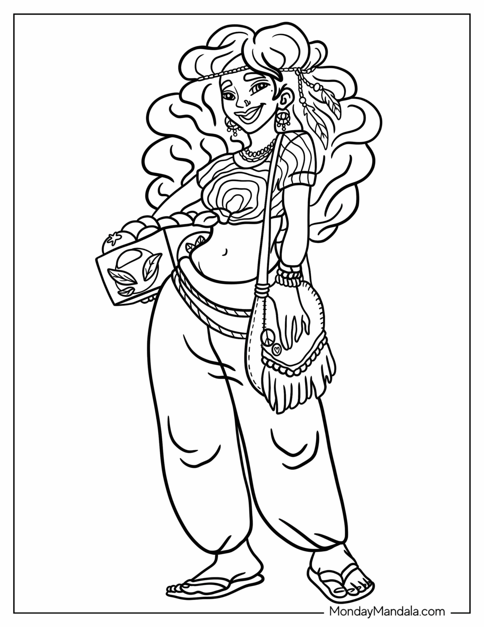 Cartoon Hippie Coloring Page Of Girl Carrying Box Of Tomatoes For Kids