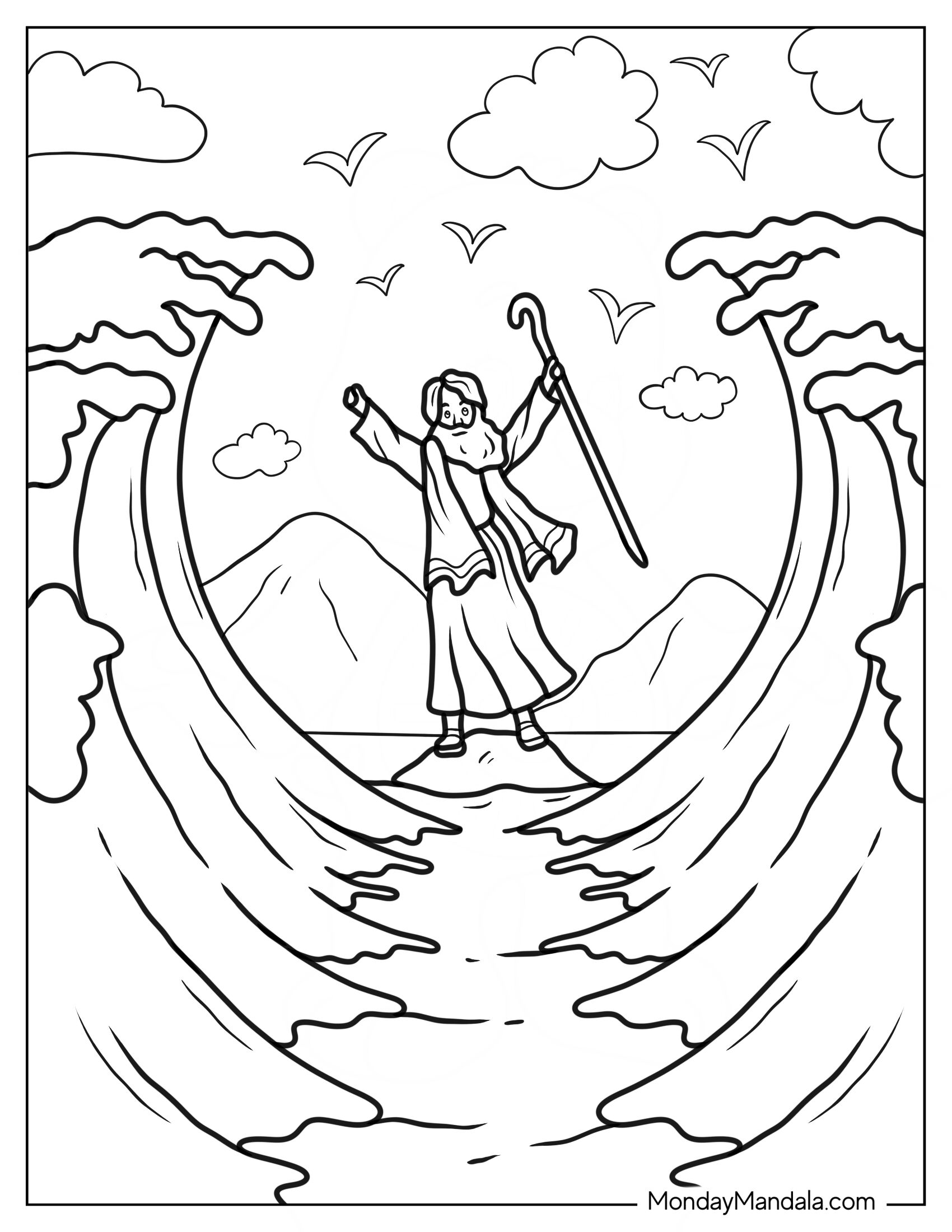 Cartoon Moses Coloring Page Parting Red Sea