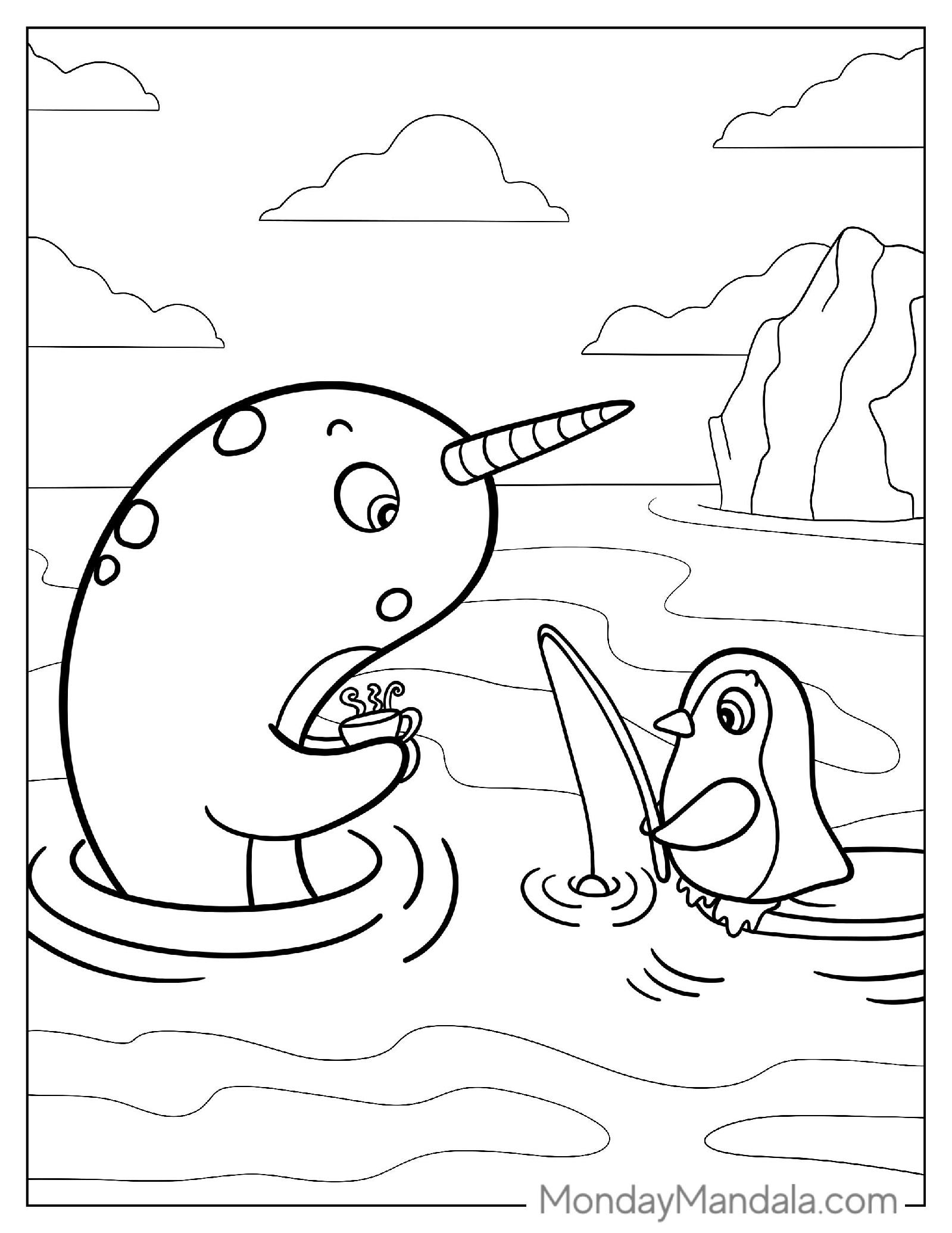 Cartoon Narwhal With Penguin Friend To Color