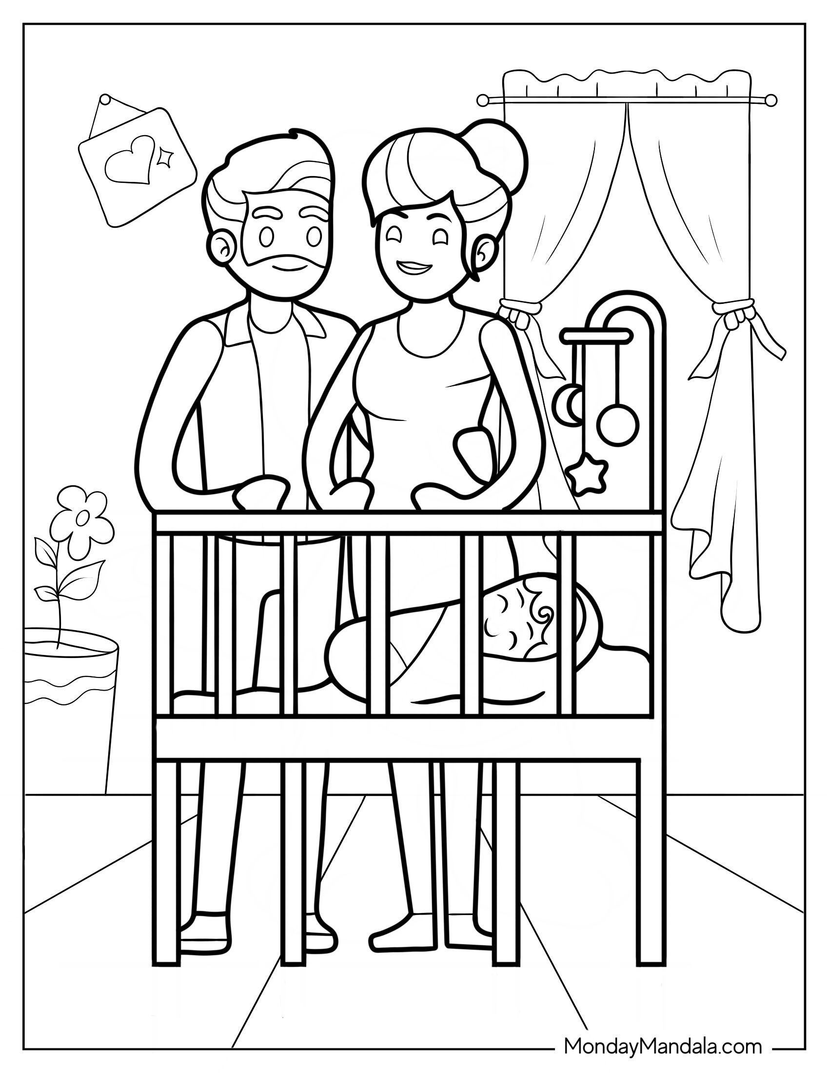 Cartoon Parents Watching Baby Coloring Page