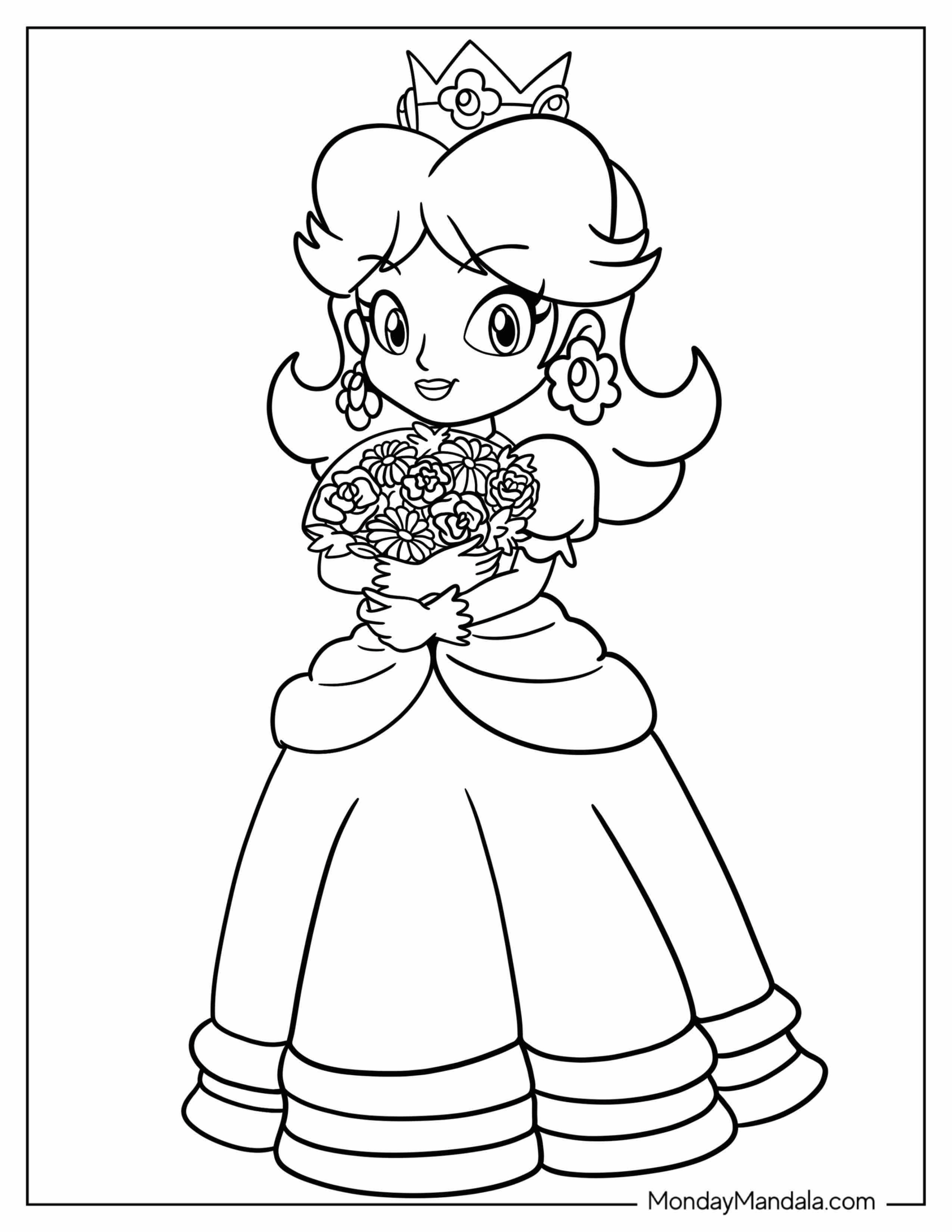 Cartoon Princess Daisy Coloring Page Holding Flower Bouquet