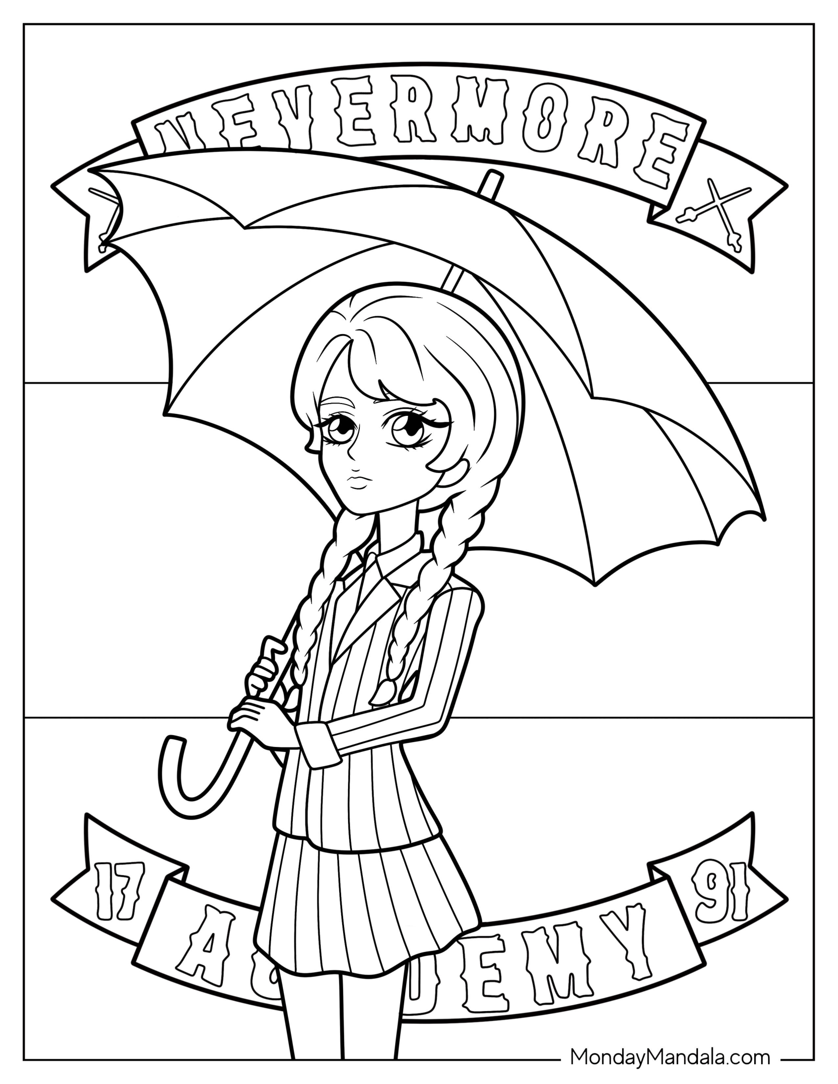 Cartoon Wednesday Coloring Page  Holding Umbrella