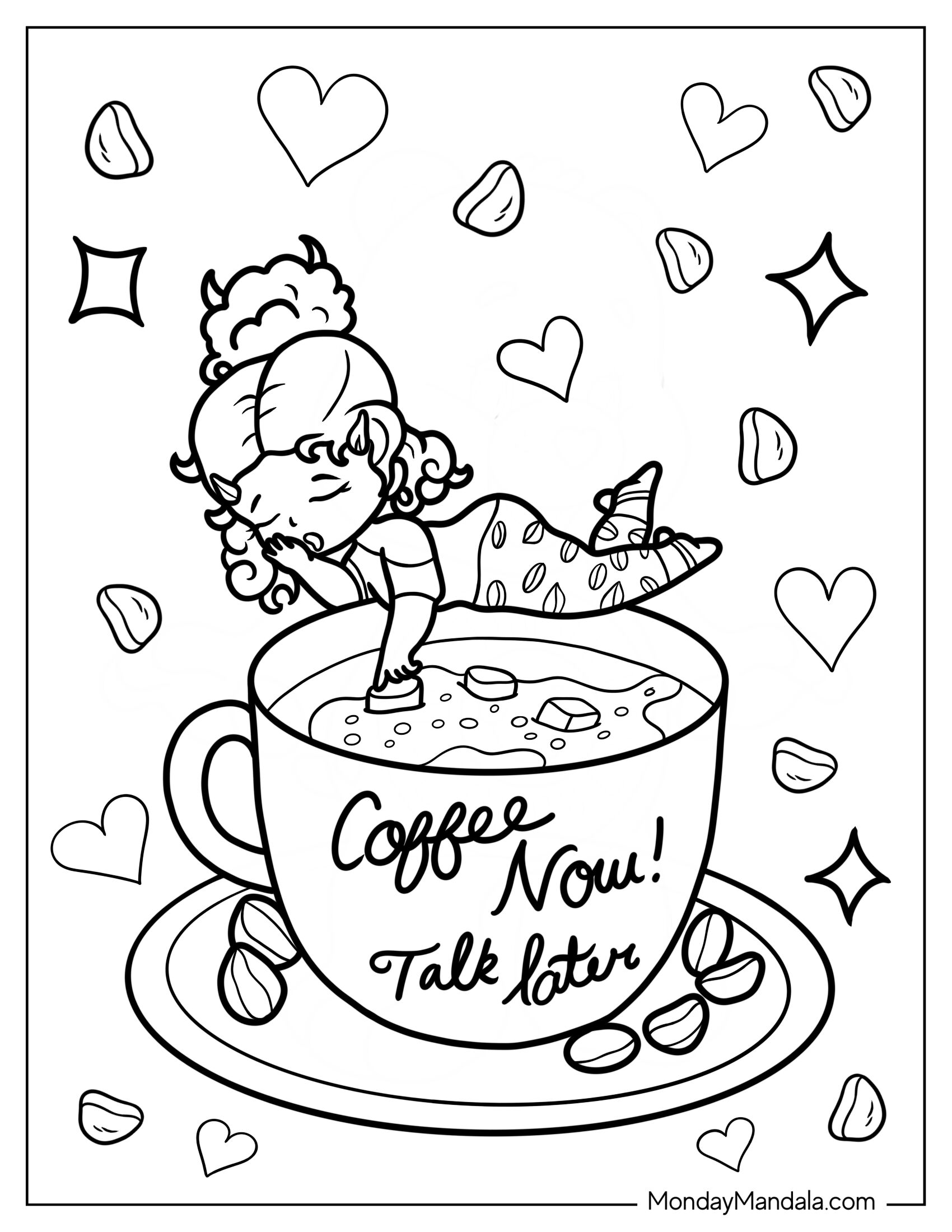 Cartoon Woman On The Rim Of Coffee Coloring Page Cup