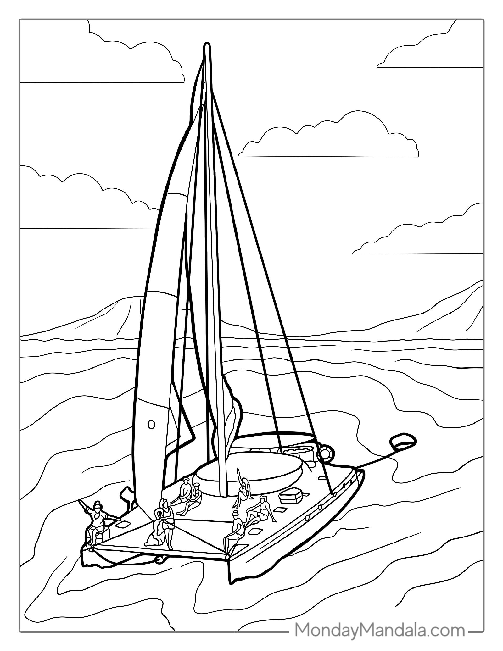 Catamaran Yacht With Sails To Color