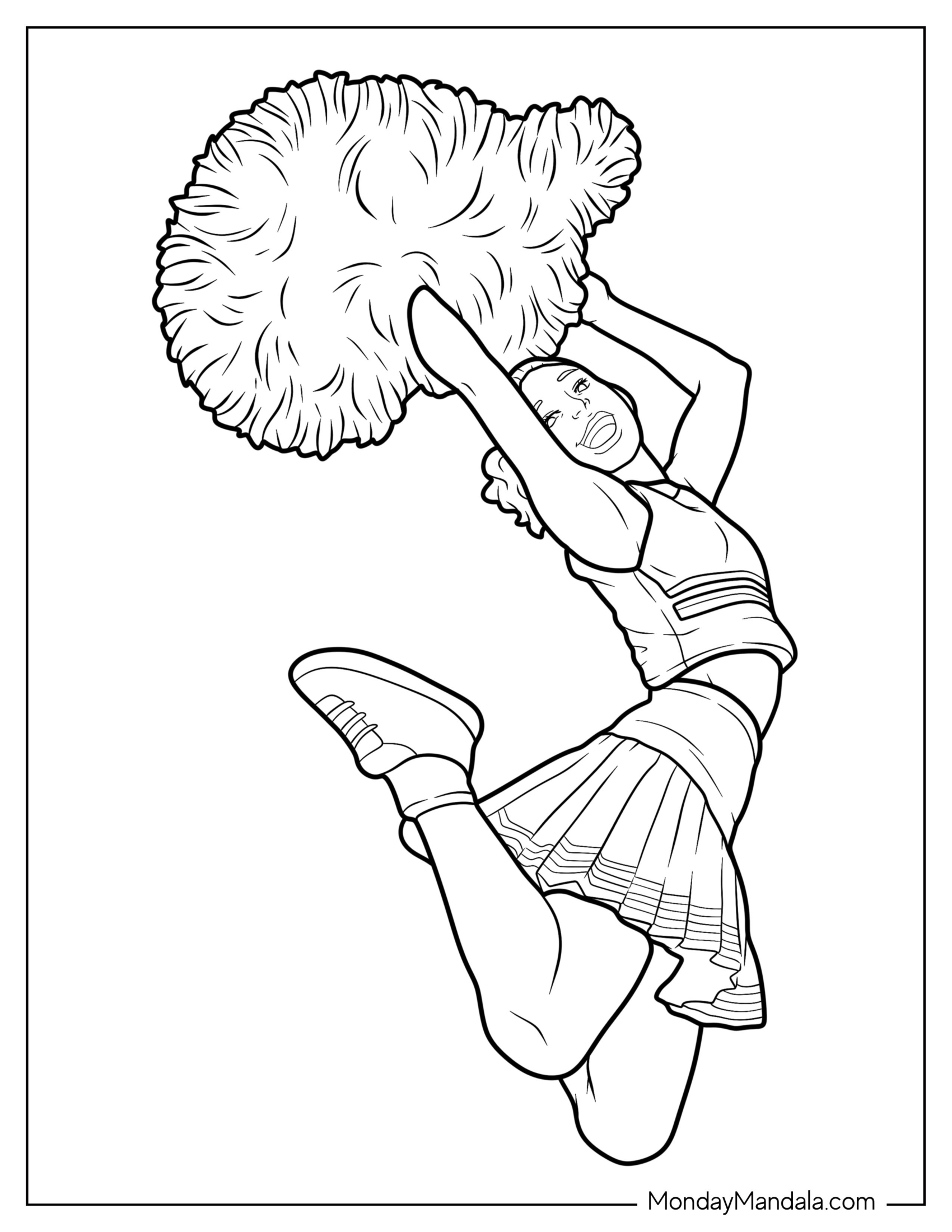 Cheerleading Coloring Page Of Cheerleader Mid Jump With Hugh Pom Poms