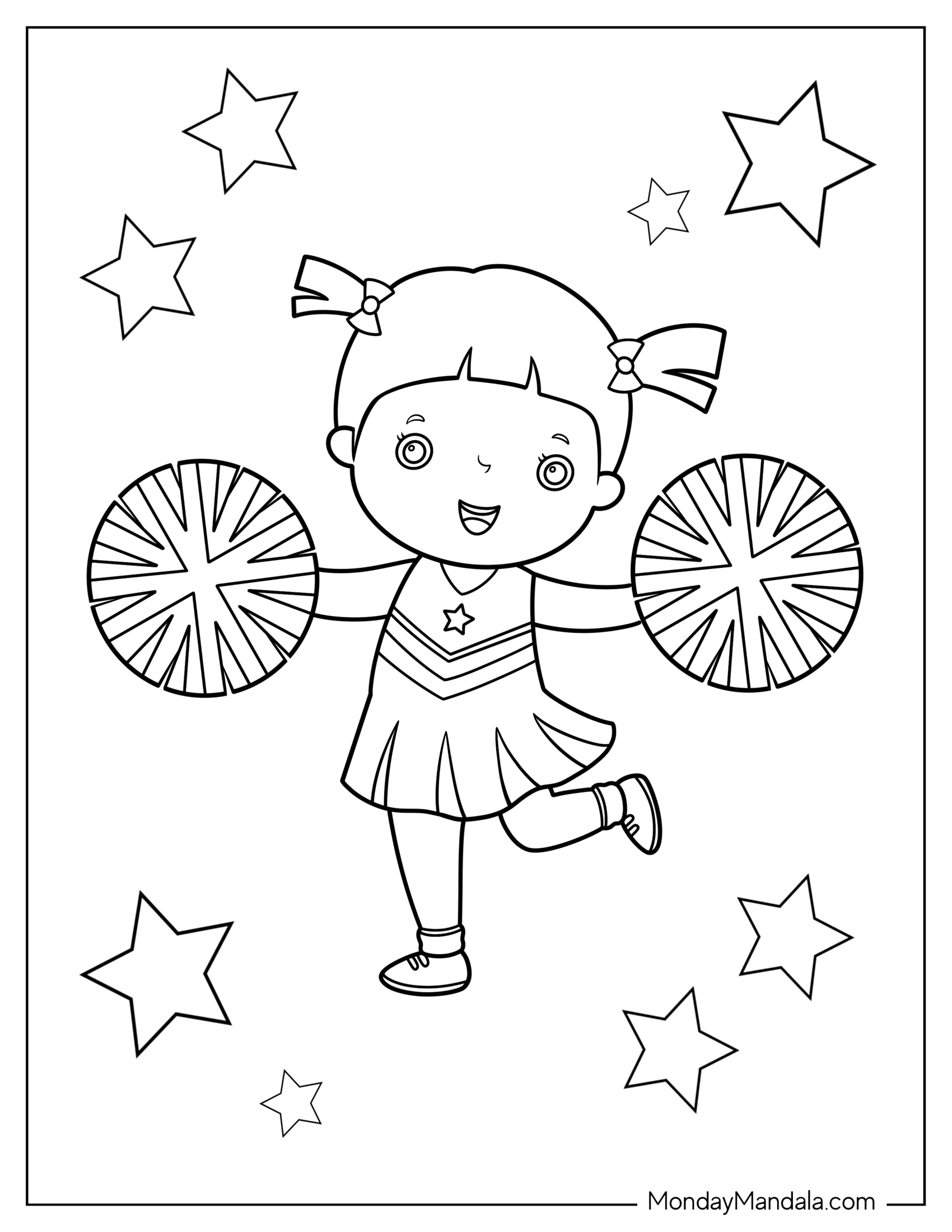 Cheerleading Coloring Page Of Chibi Cheerleader With Stars For Preschoolers