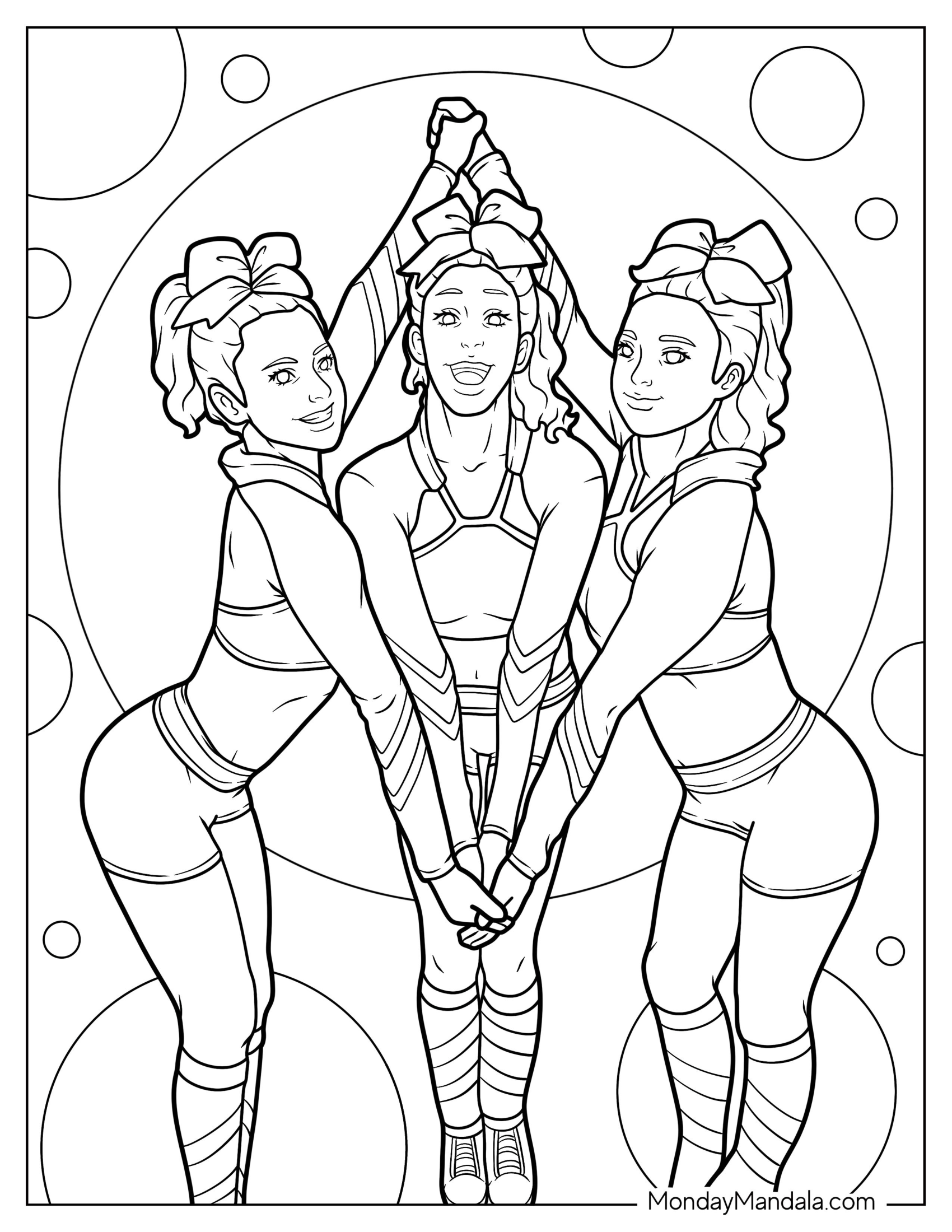 Cheerleading Coloring Page Of Three Cute Cheerleaders Posing In Uniforms