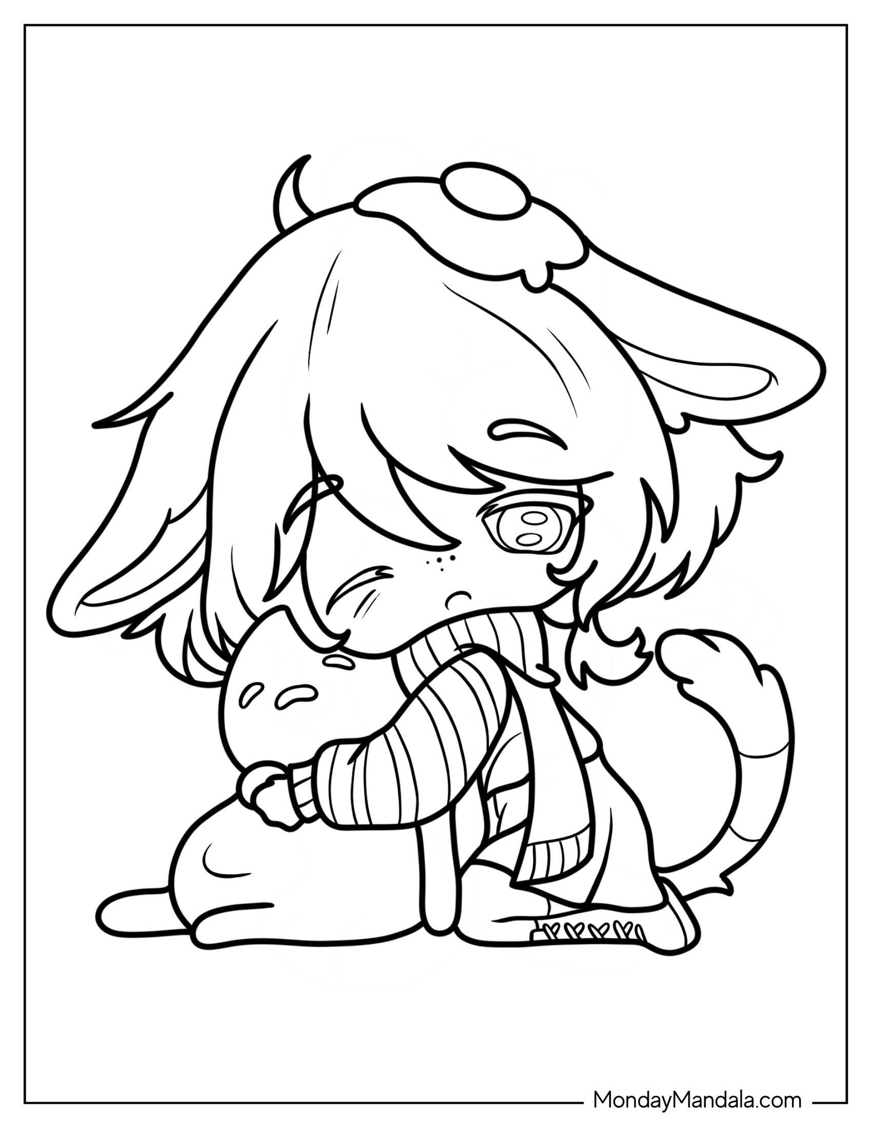 Chibi Anime Dog Girl Hugging Gudetama Coloring Page