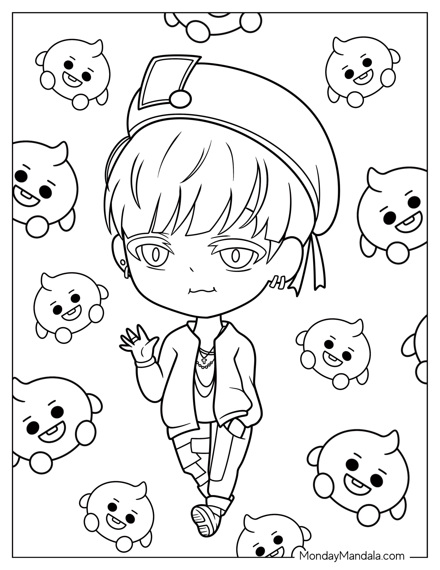 Chibi BTS Coloring Page Of Suga Waving For Preschoolers