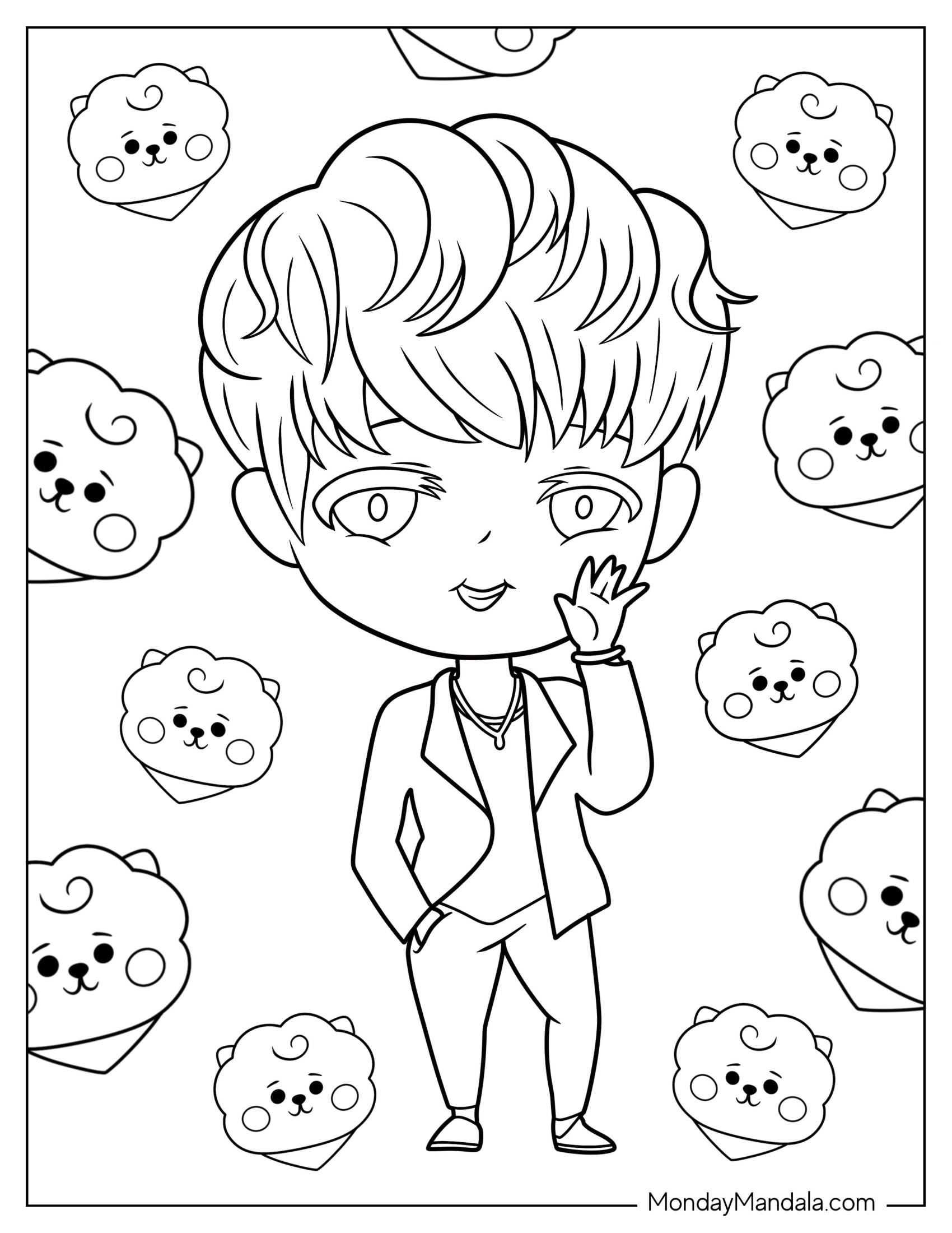 Chibi BTS Jin Waving Coloring Sheet For Kids