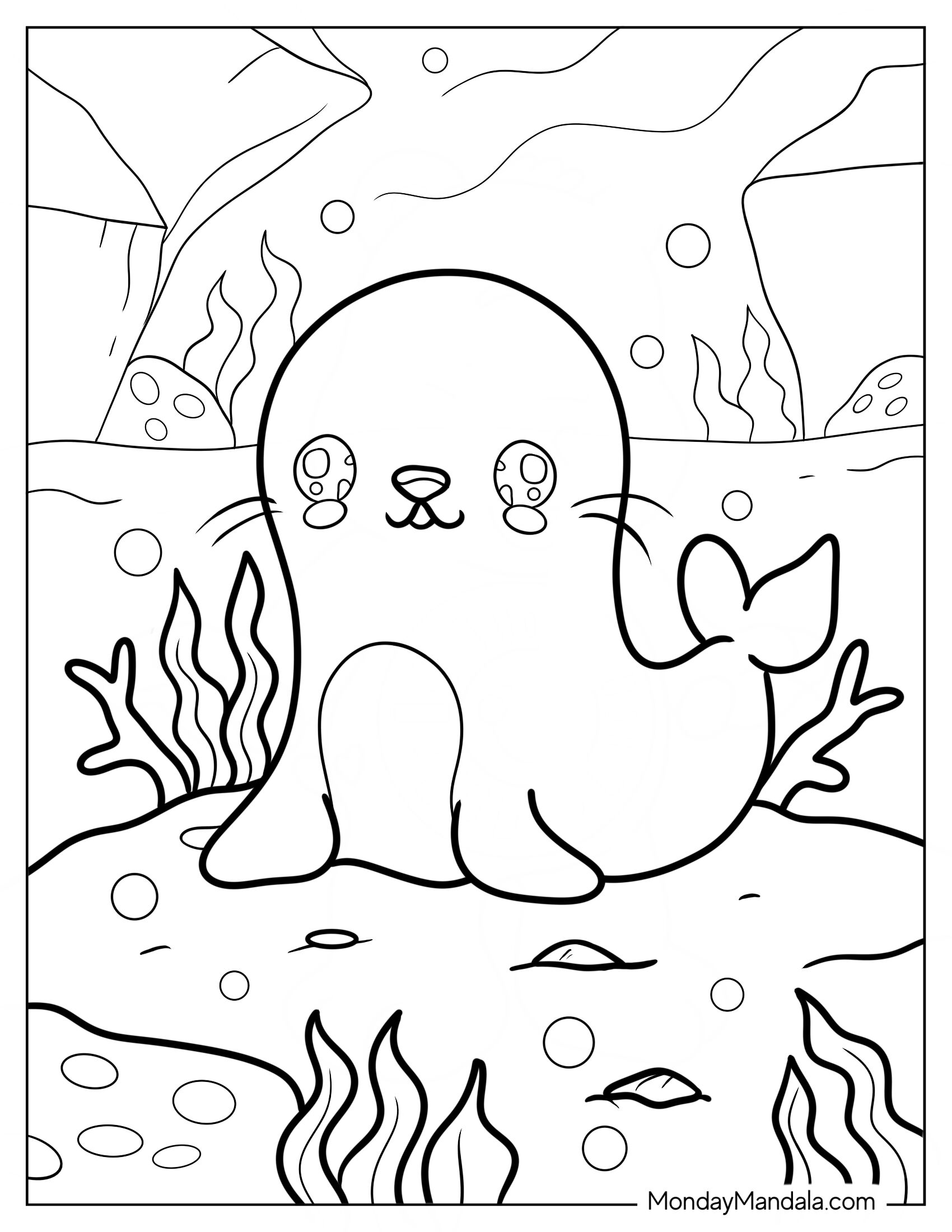 Chibi Cartoon Seal Coloring Page Underwater