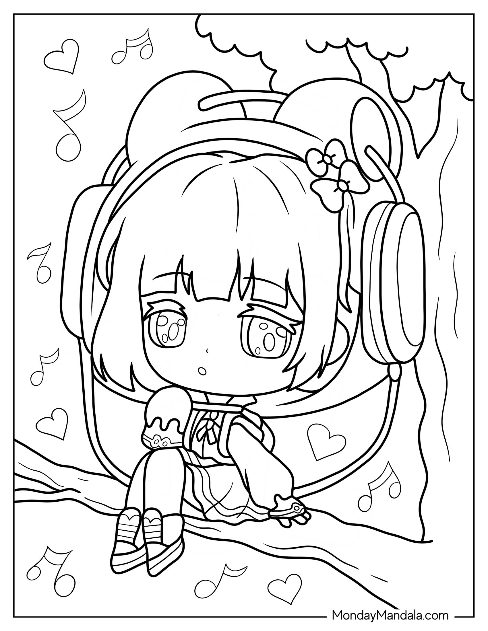 Chibi Coloring Page Of Girl Wearing Headphones And Eating Rice Cake