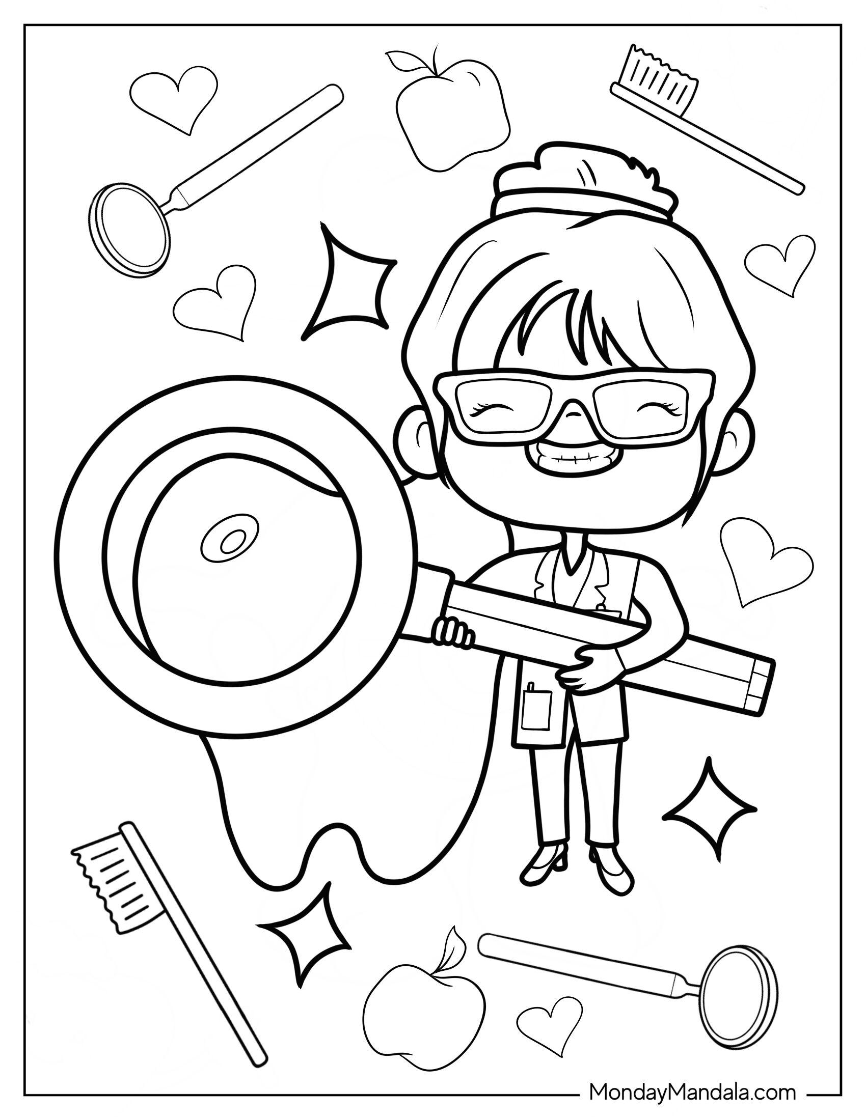 Chibi Dentist Coloring Page Carrying Large Dental Mirror