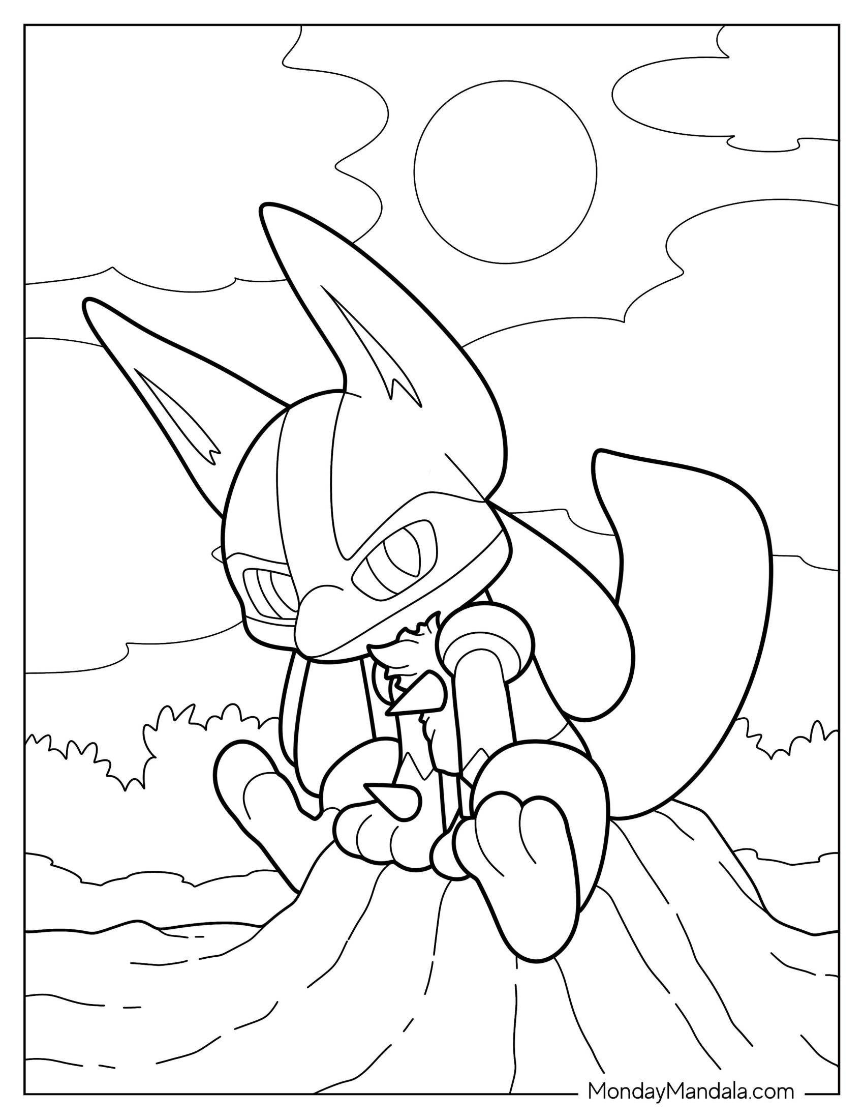 Chibi Lucario Coloring Page Sitting On The Ground For Preschoolers