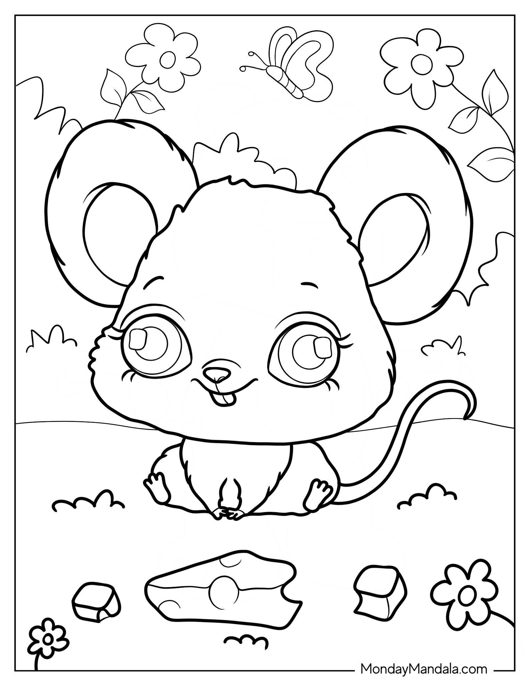 Chibi Mouse Coloring Page On Grass