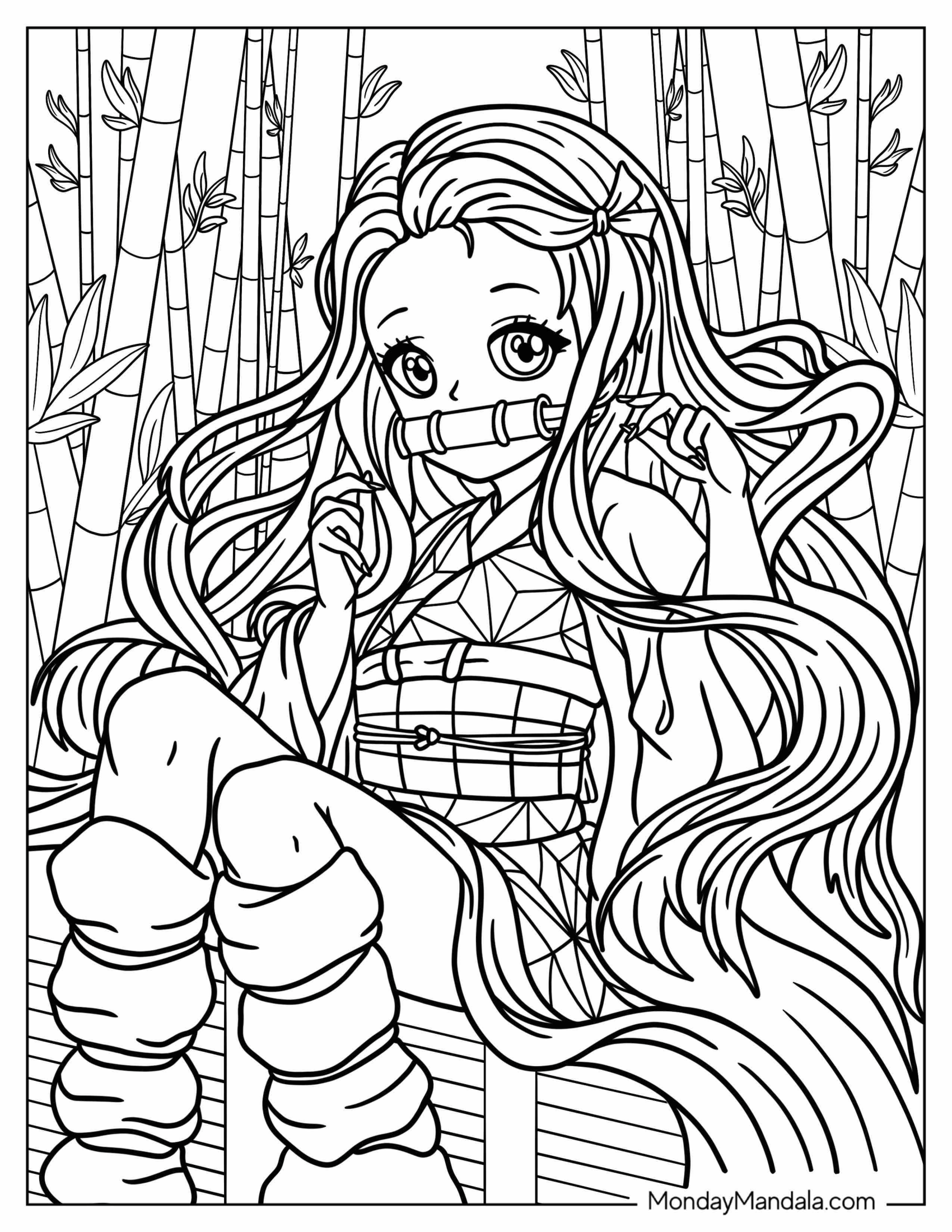 Chibi Nezuko Coloring Page In Bamboo Forest For Preschoolers