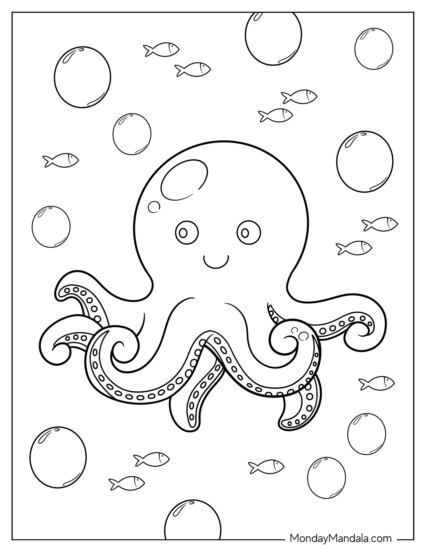 Chibi Octopus Coloring Page Swimming With Fish