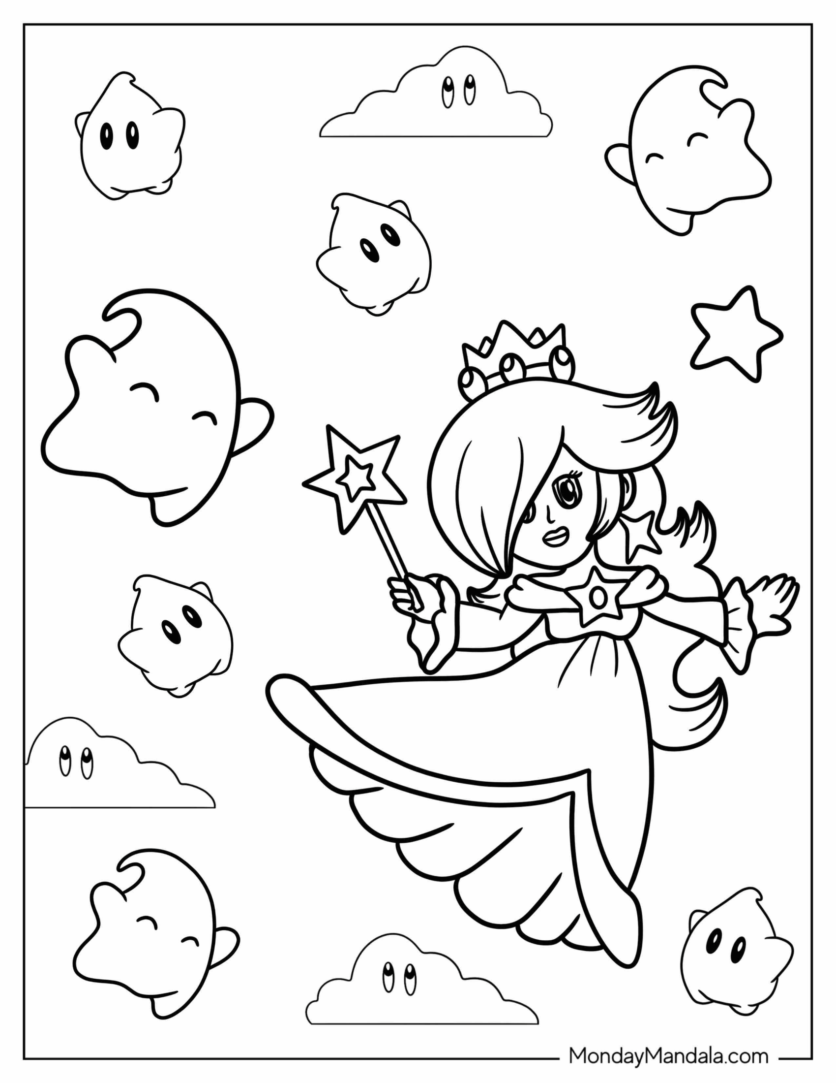 Chibi Princess Rosalina In The Sky With Lumas Coloring Sheet