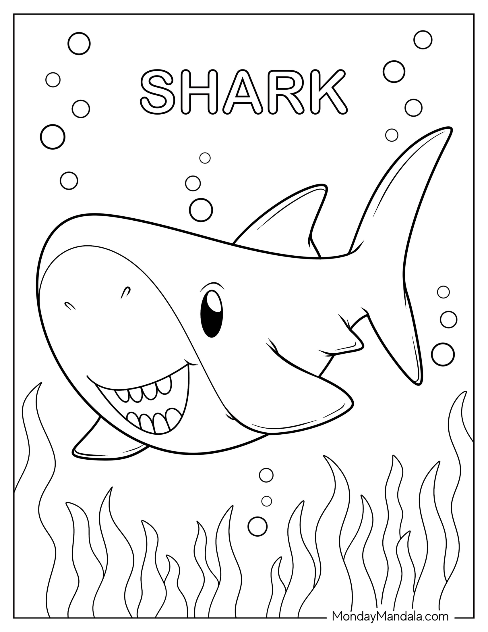 Chibi Shark Coloring Page With Seaweed